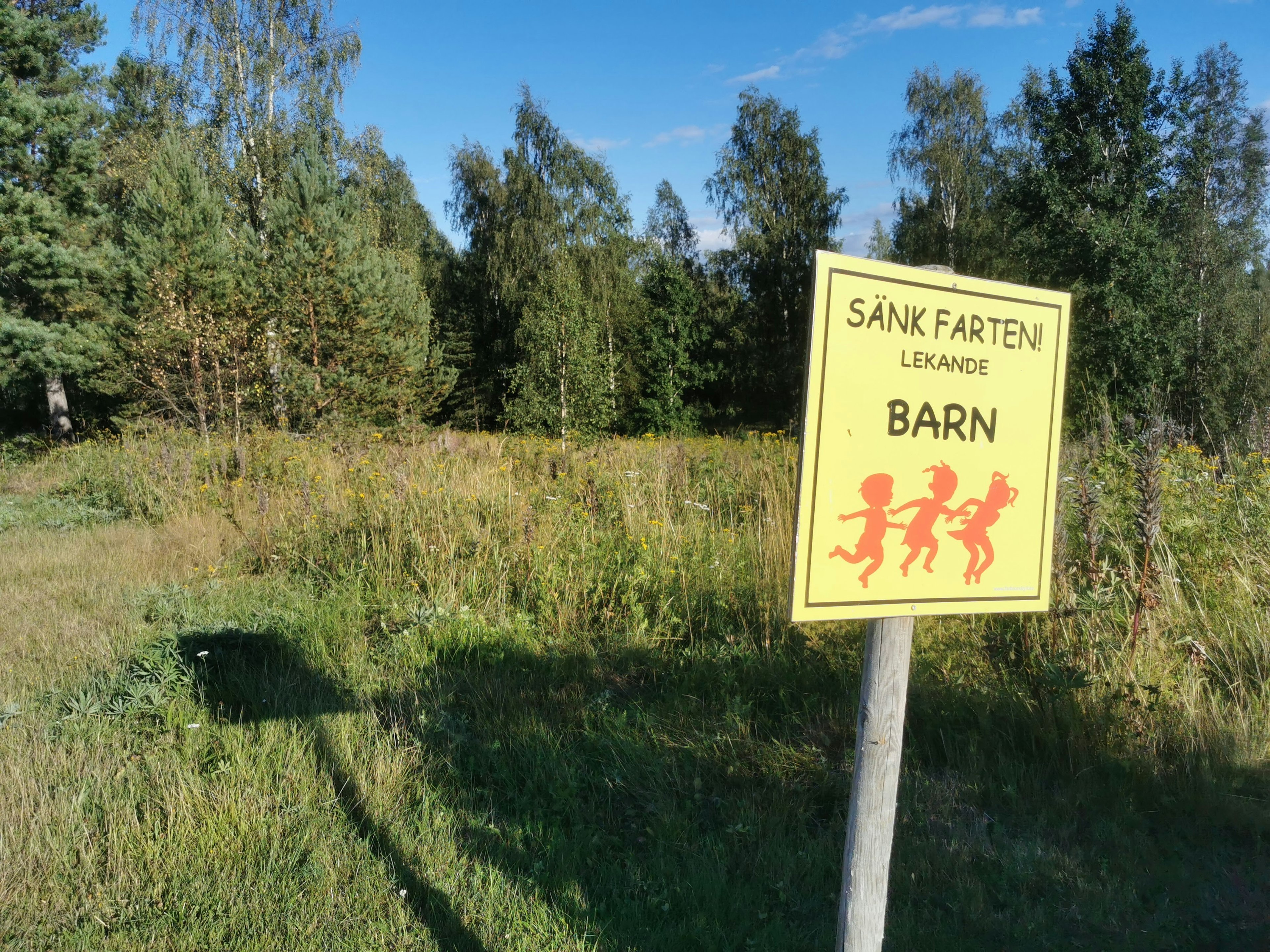 Un panneau jaune avec des illustrations d'enfants dans une zone herbeuse