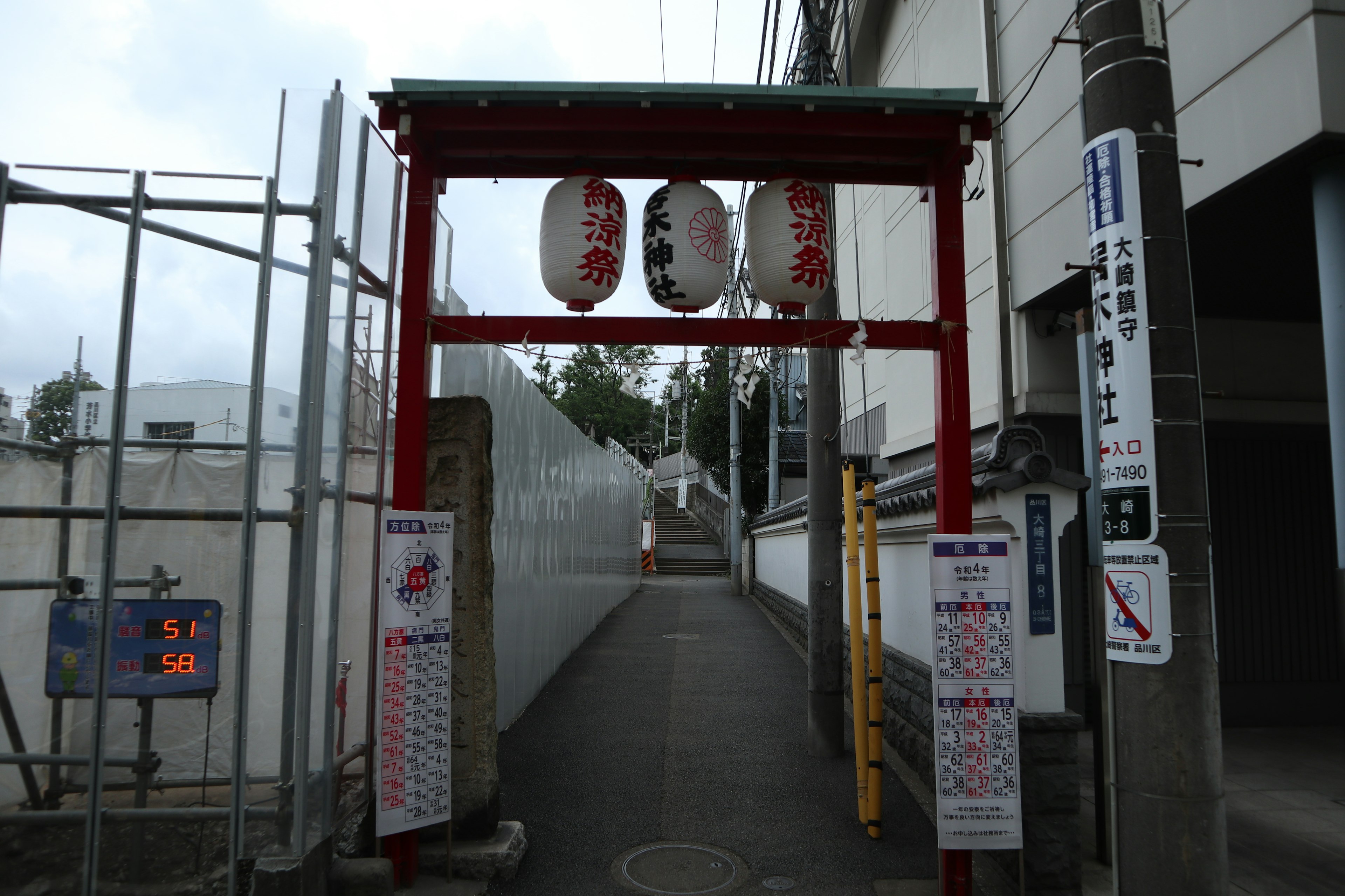 Entrée d'un chemin étroit avec un torii rouge et des lanternes