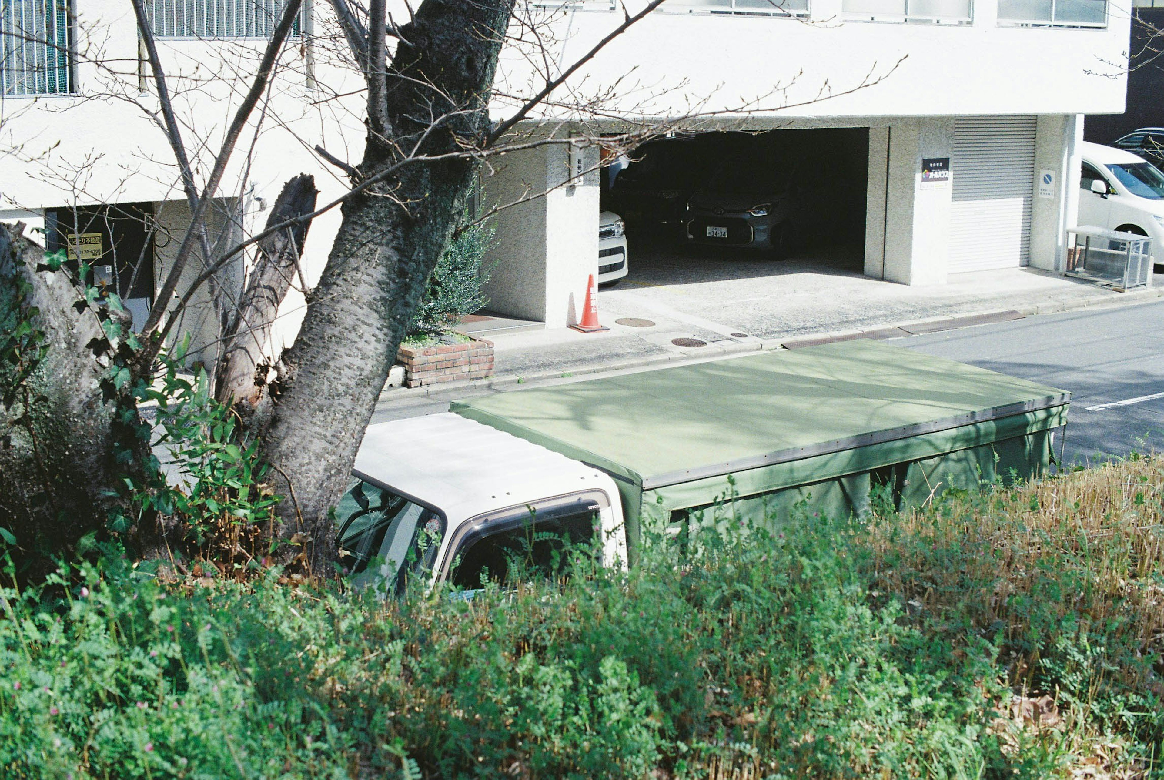 一輛綠色卡車部分被草遮擋的圖像，靠近一棟建築