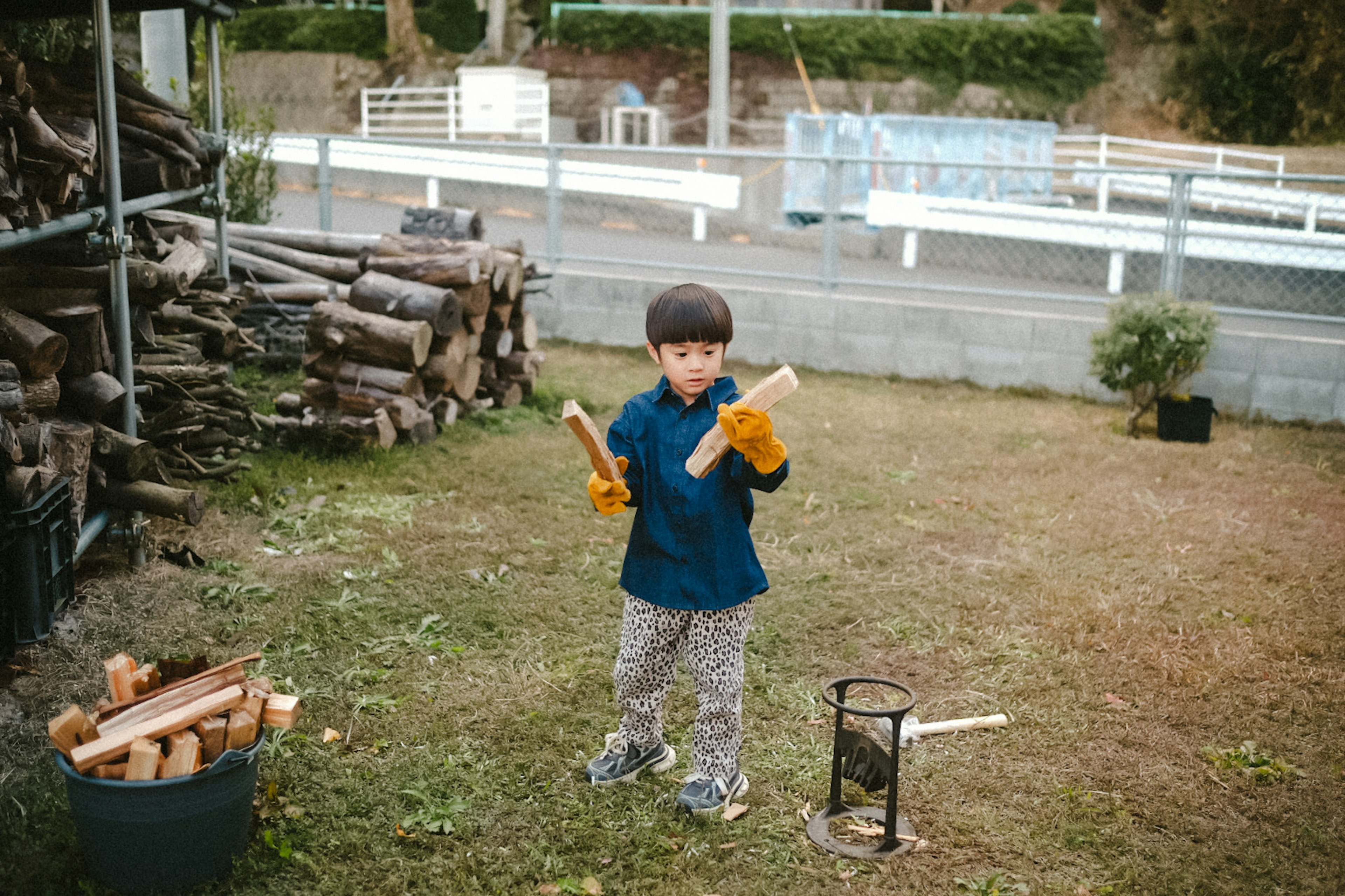 A boy holding wooden sticks in a backyard setting