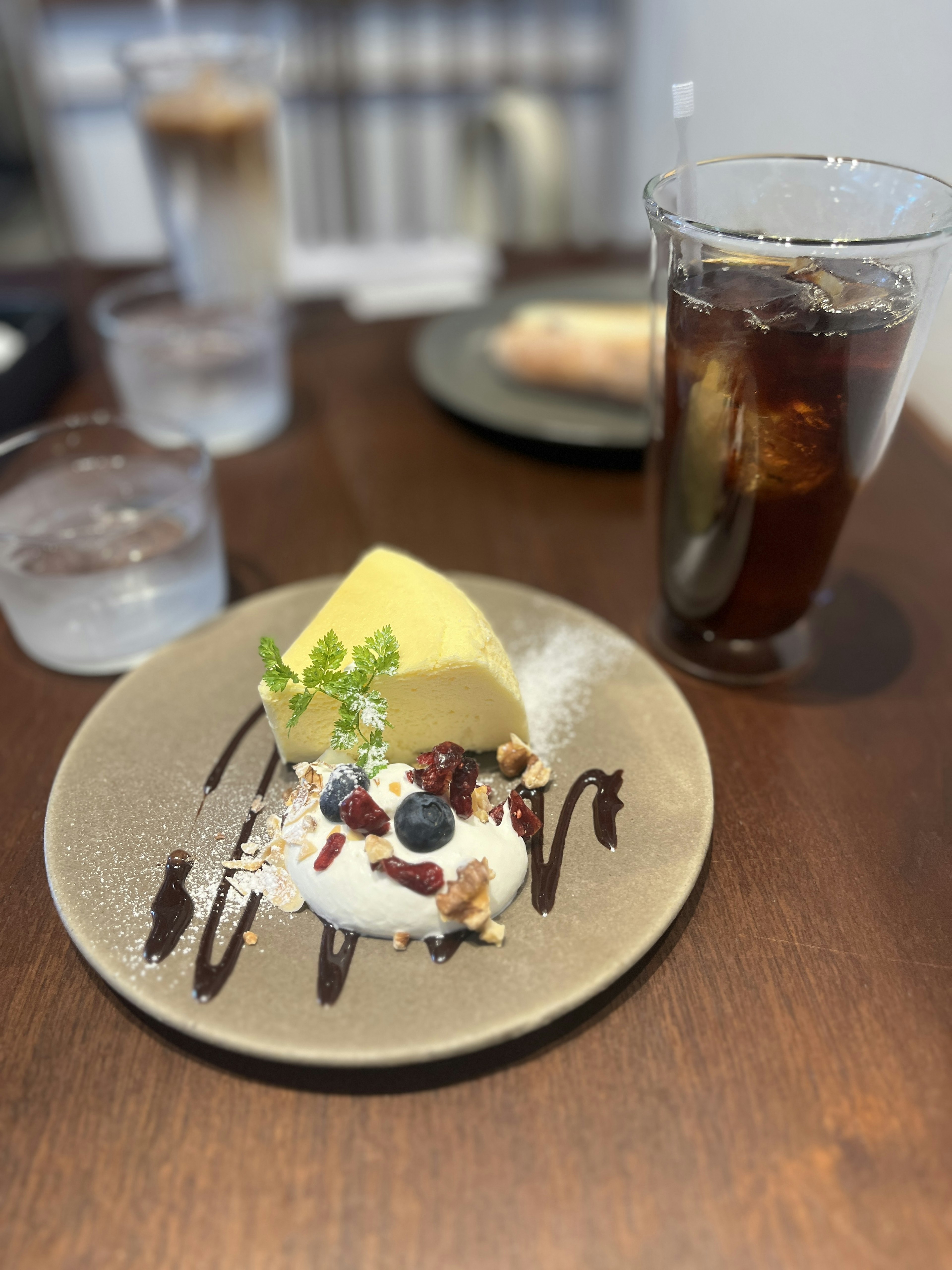 Creamy dessert with coffee on a wooden table