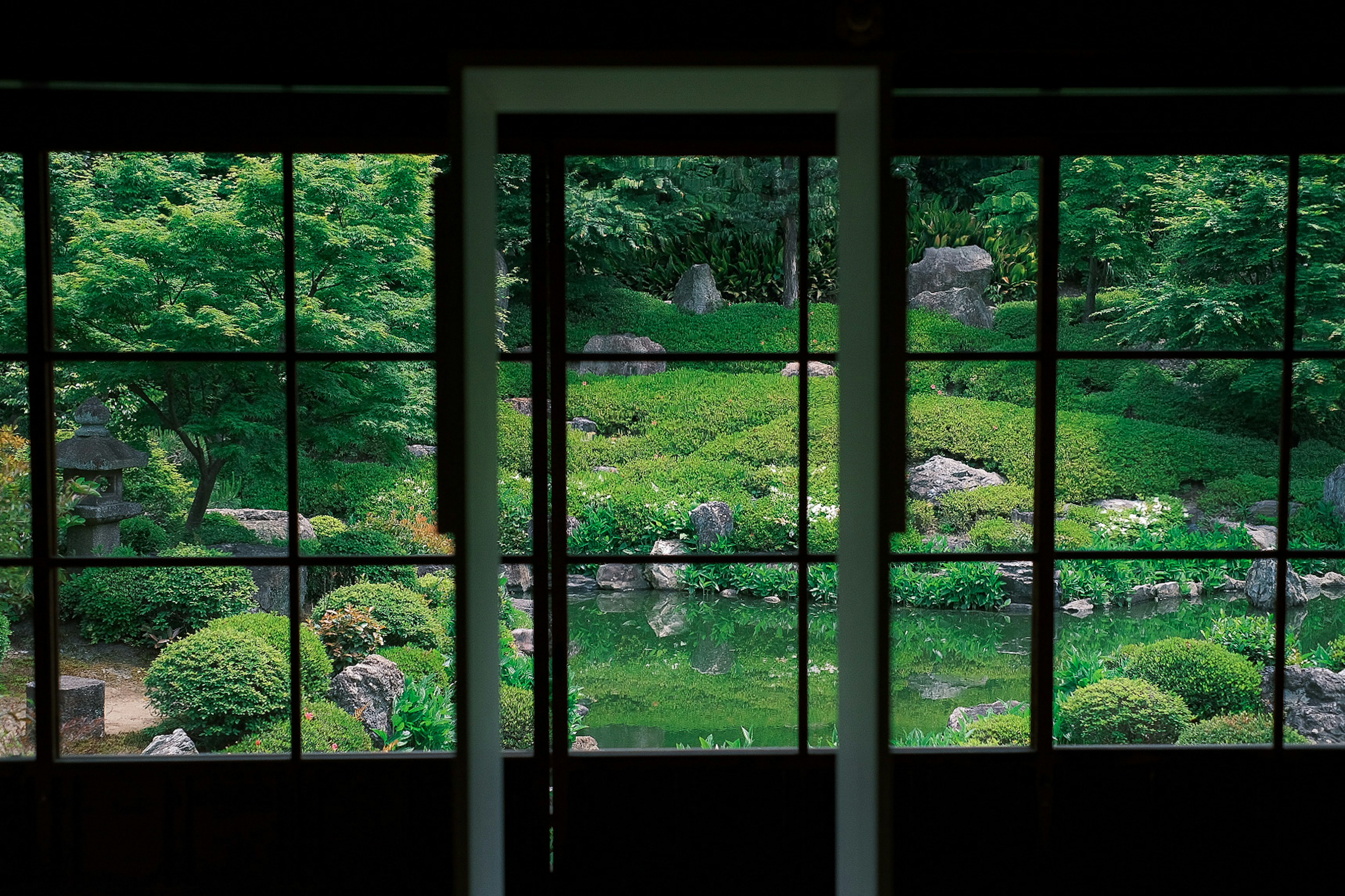 Vista di un giardino verde attraverso una finestra