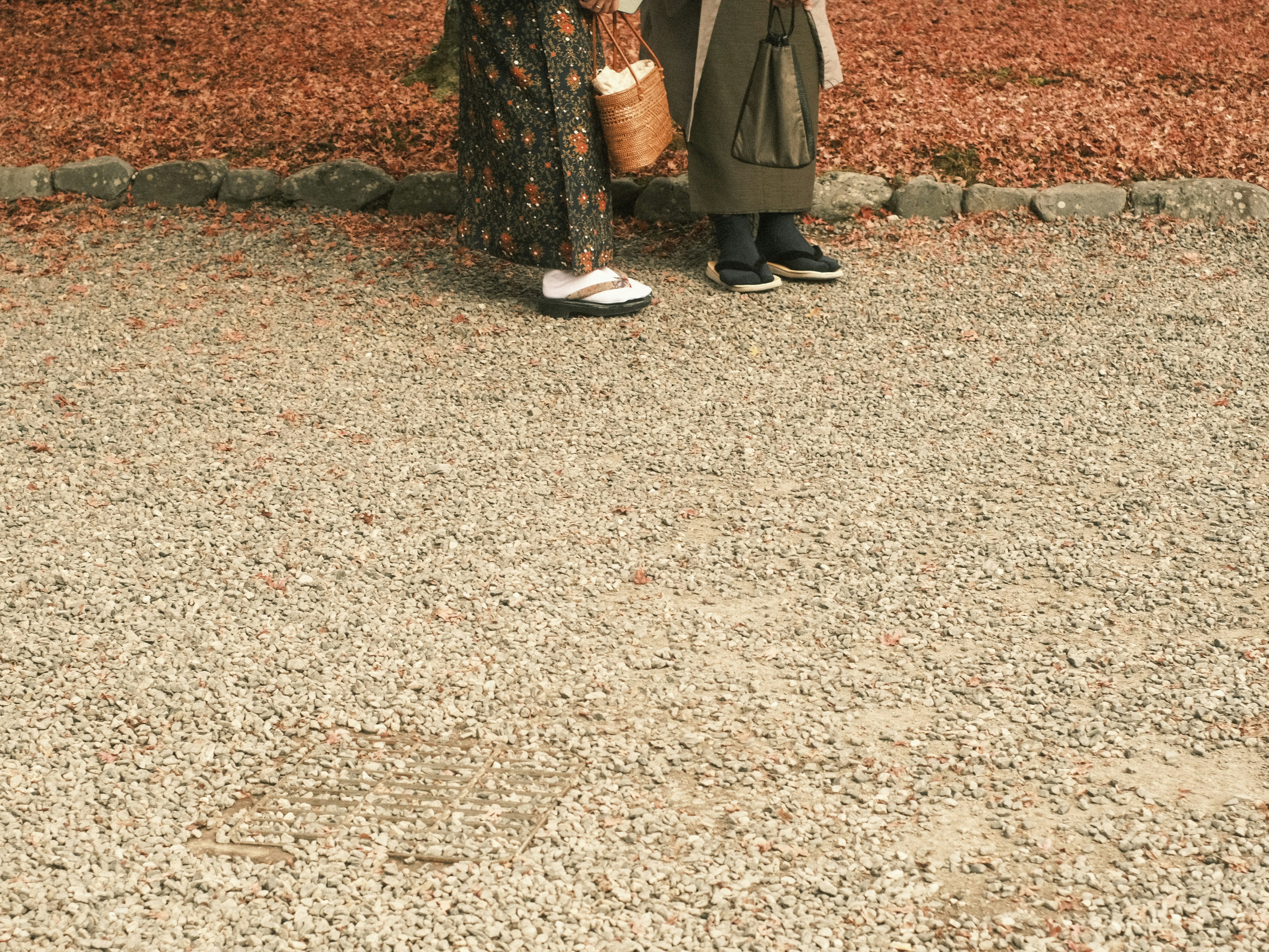 Two women standing on a gravel path surrounded by autumn leaves