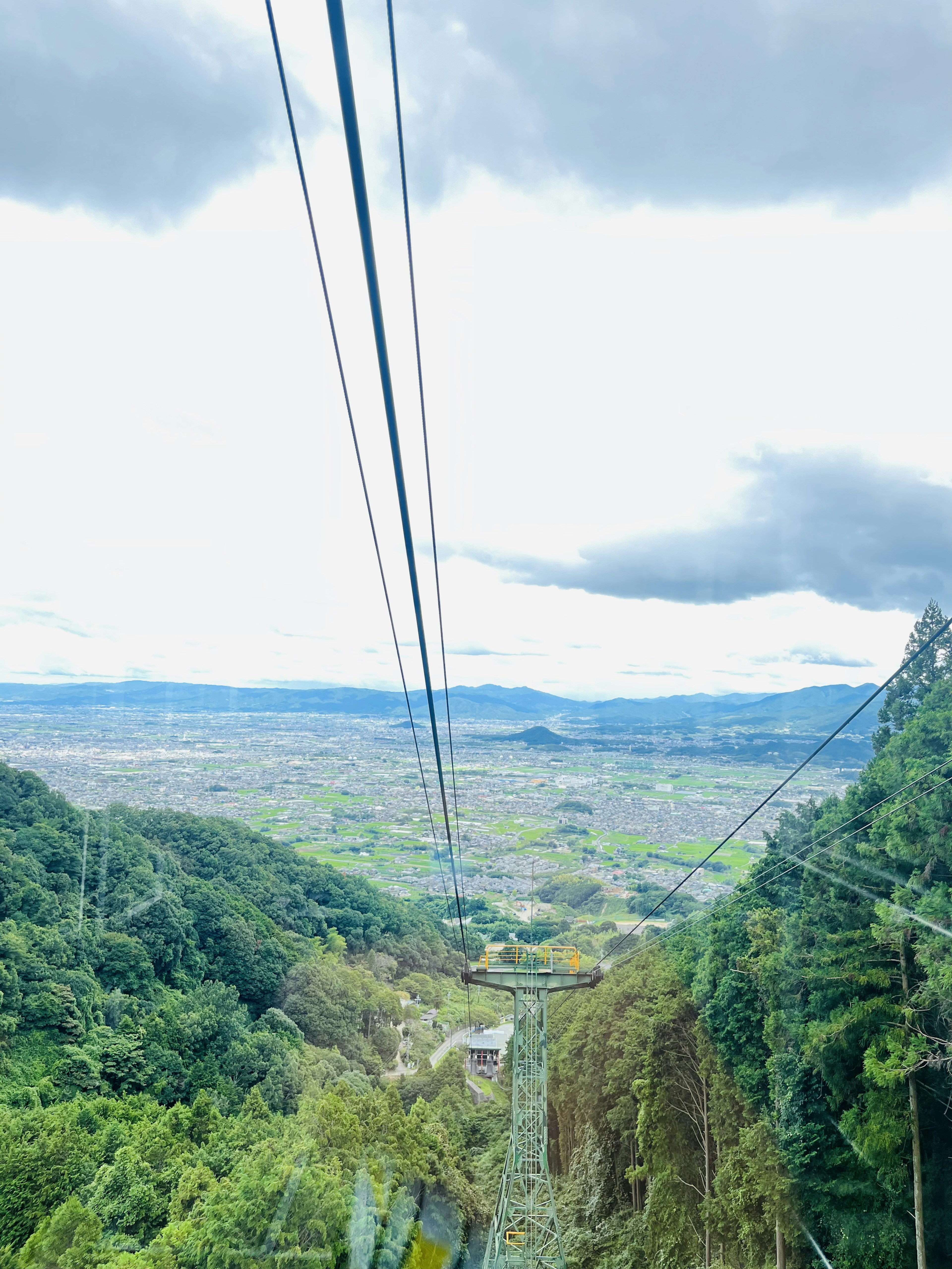 Scenic view from a mountainside with cable car lines