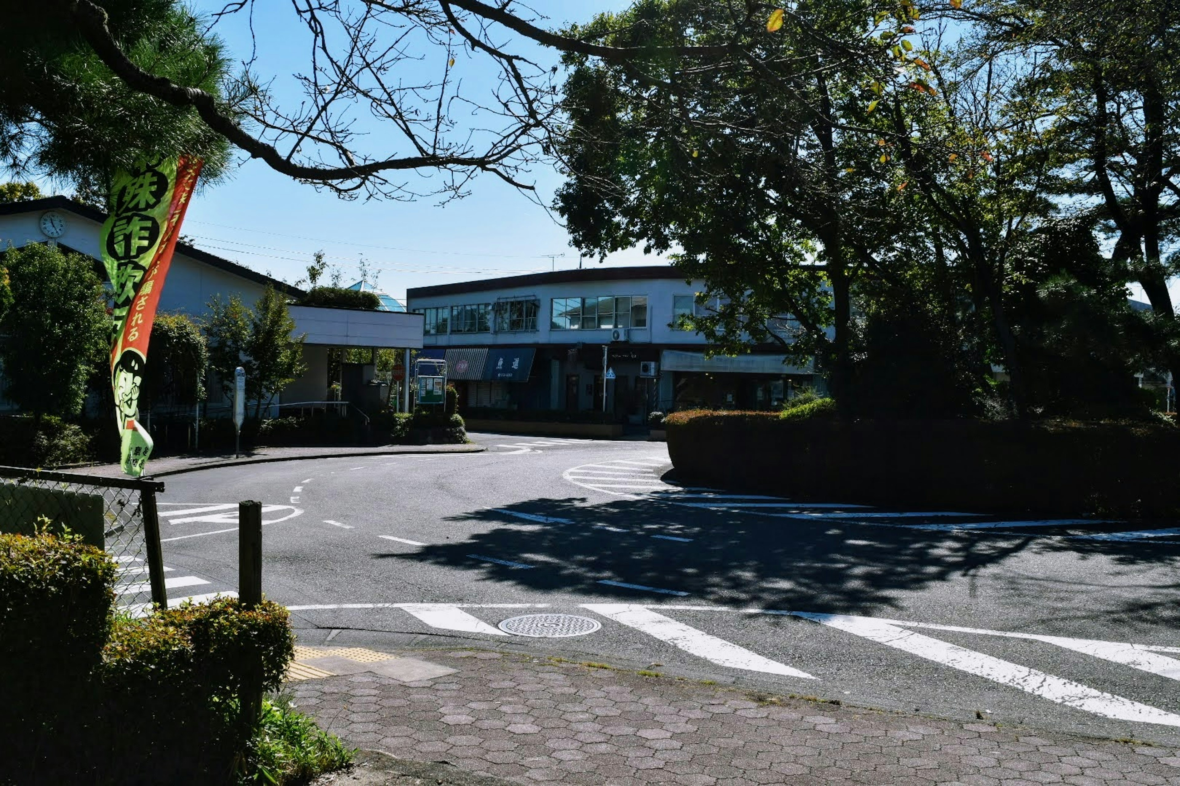 Residential area under a blue sky with lush trees and a paved road