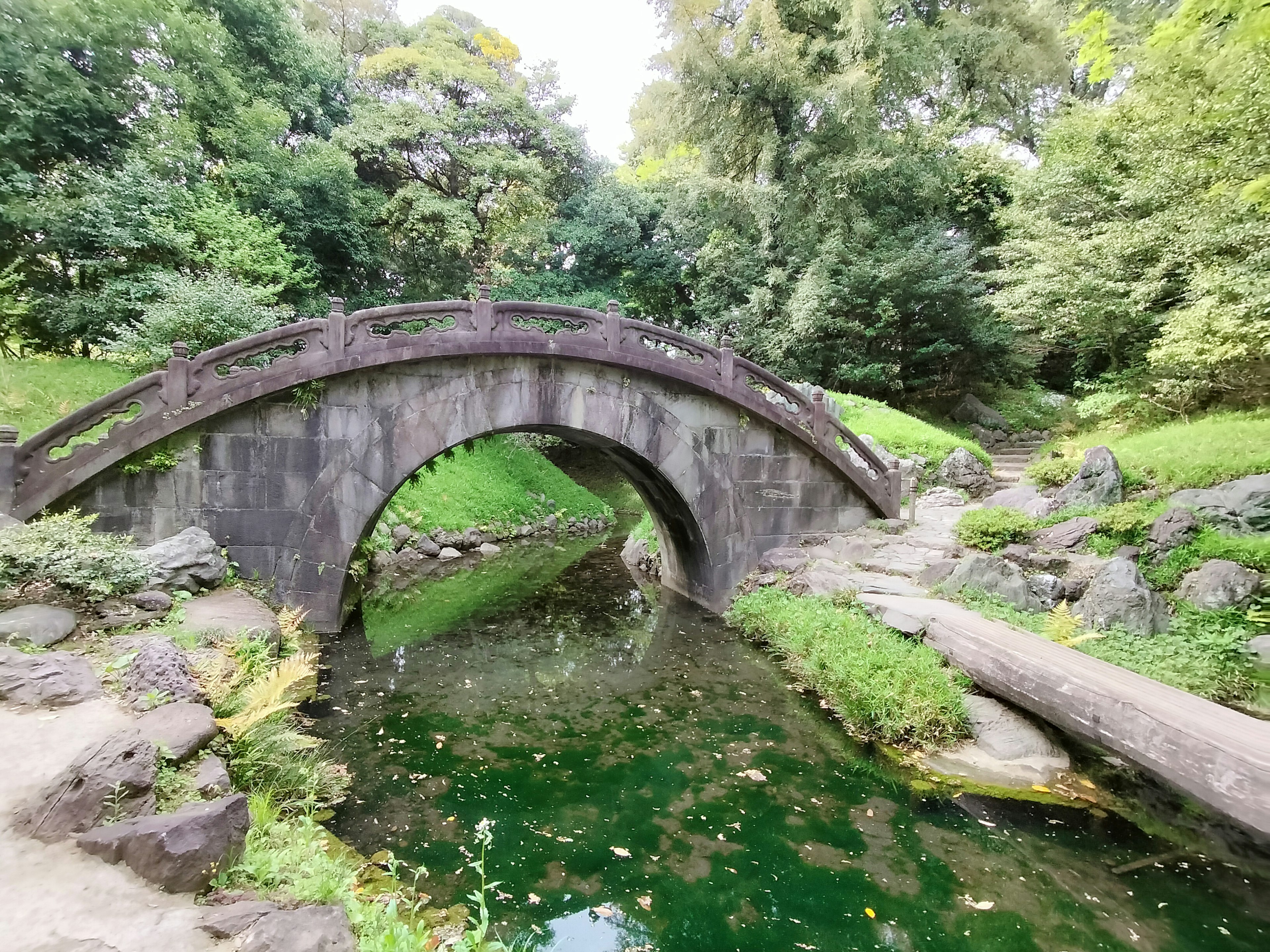 Ponte ad arco in pietra in un parco verdeggiante con acqua calma sotto