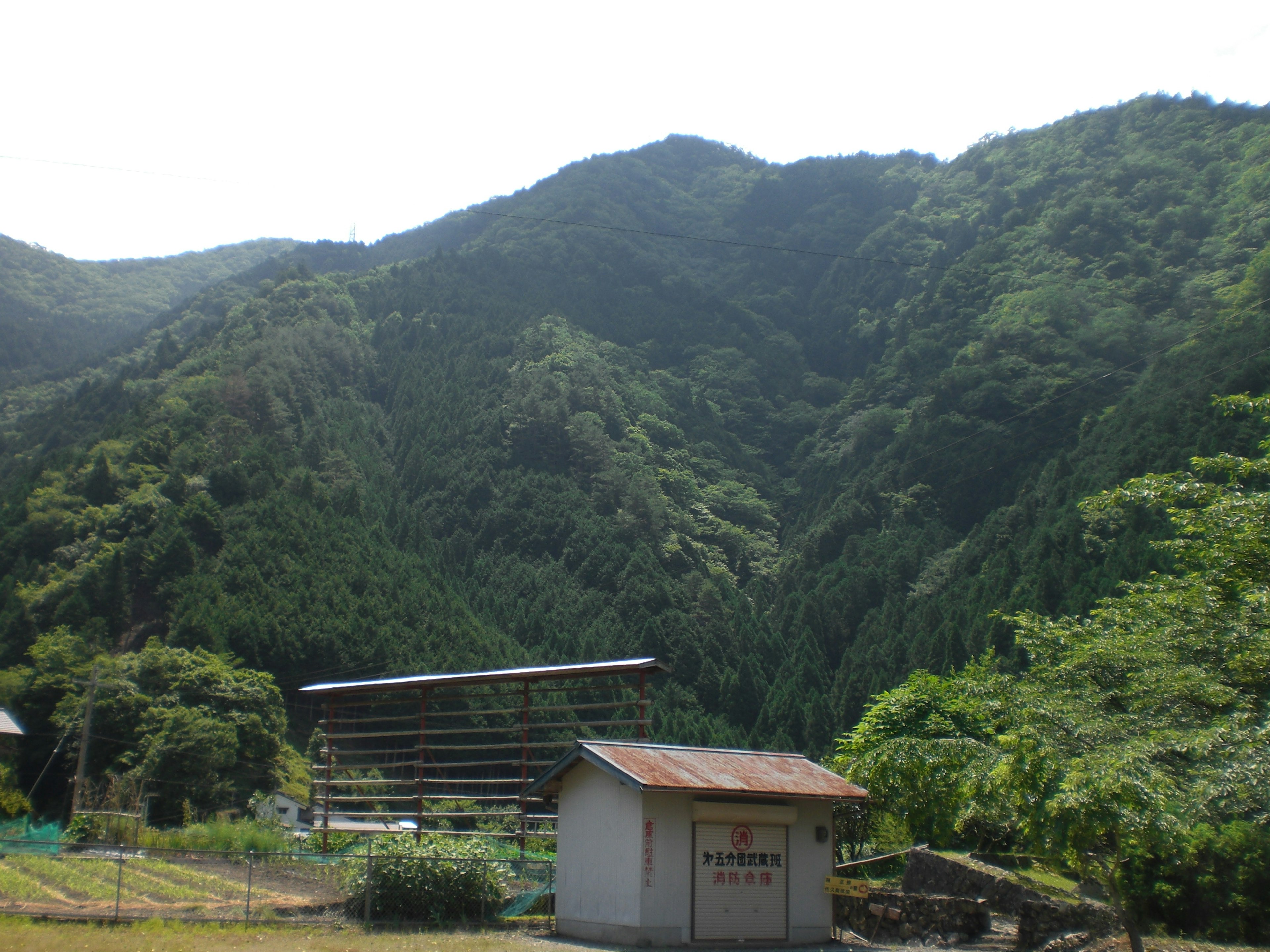 緑の山々と小屋の風景