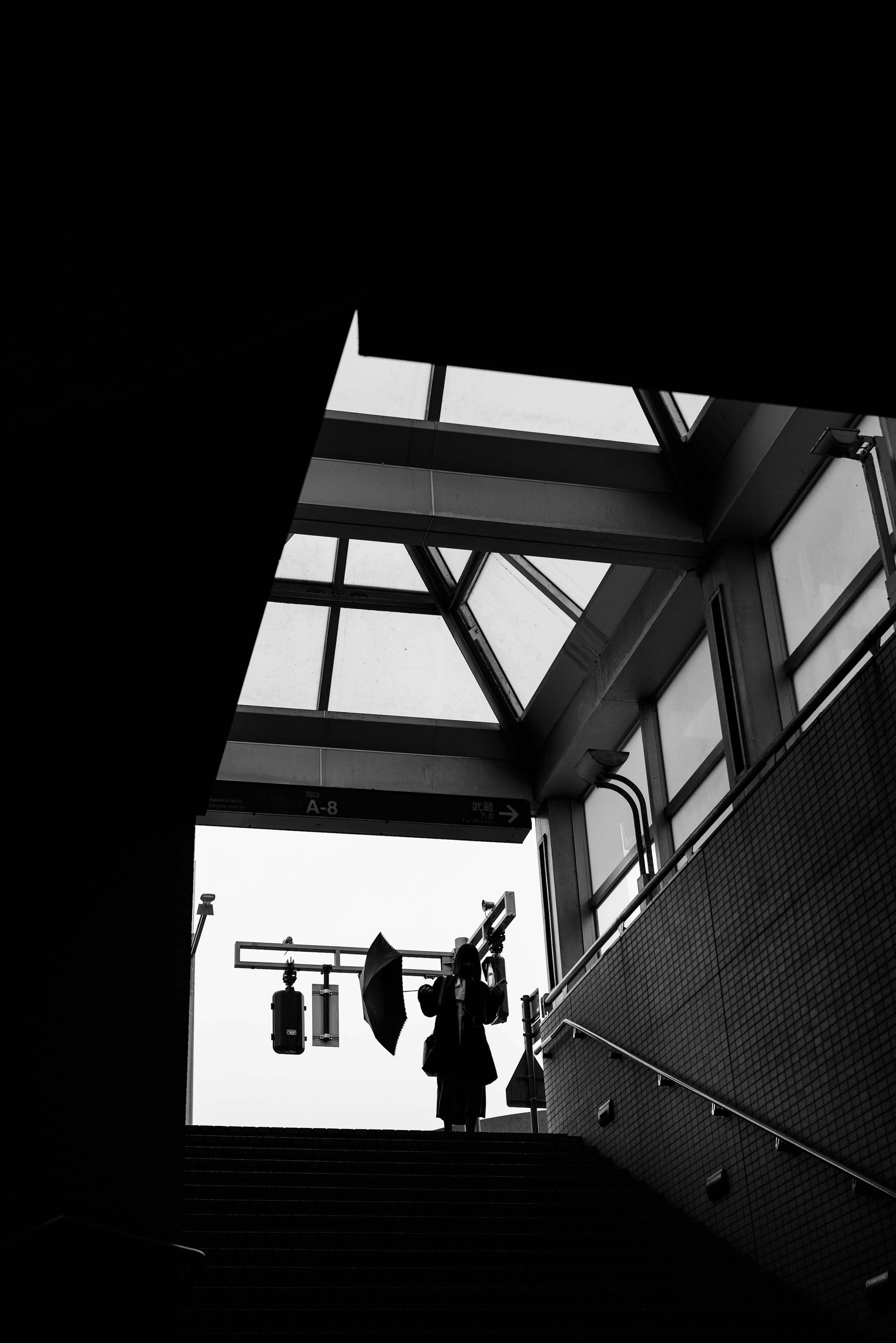 Silhouette of a person descending stairs with a glass roof structure