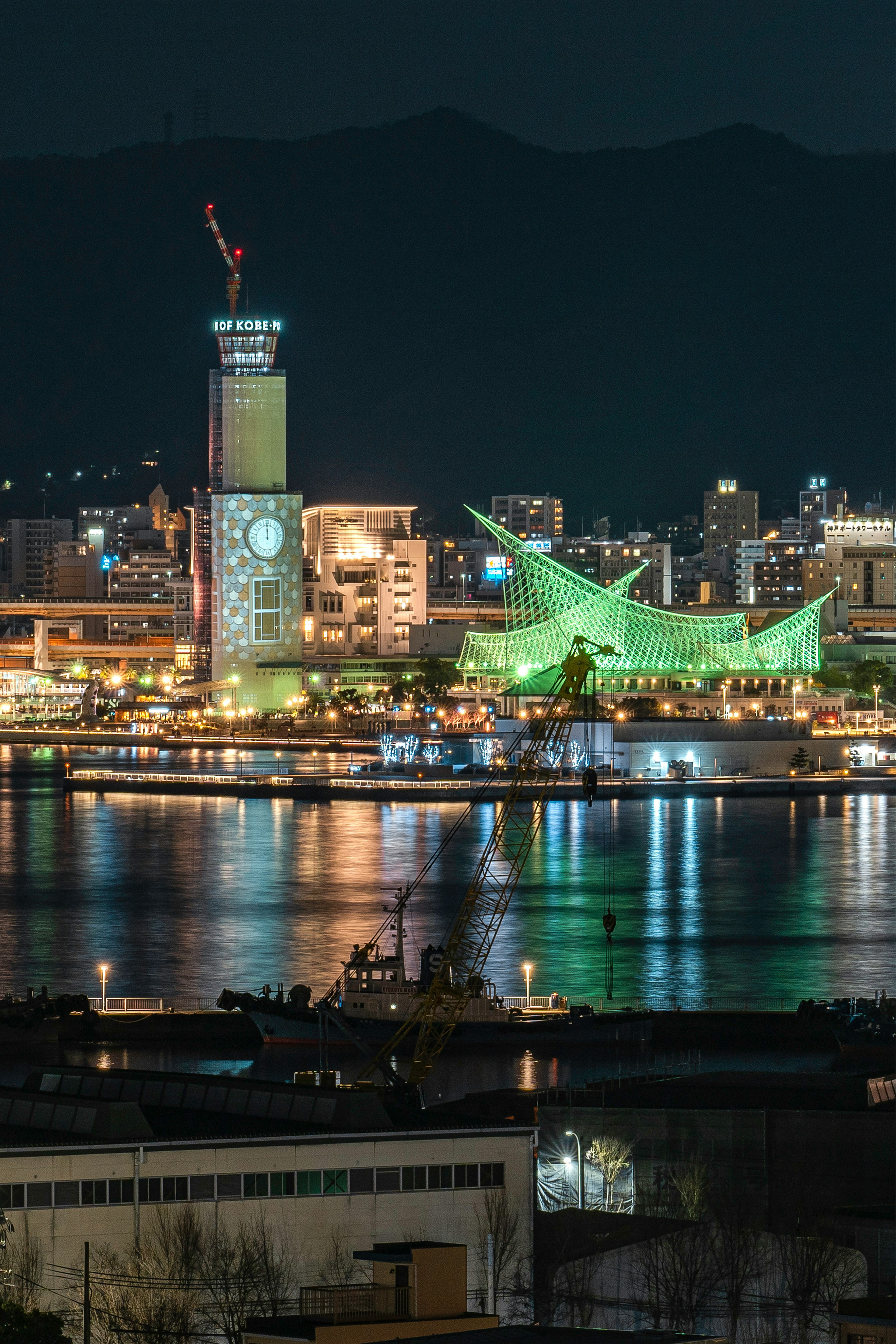 Belle vue nocturne d'une ville portuaire avec un bâtiment vert et des lumières brillantes se reflétant sur l'eau