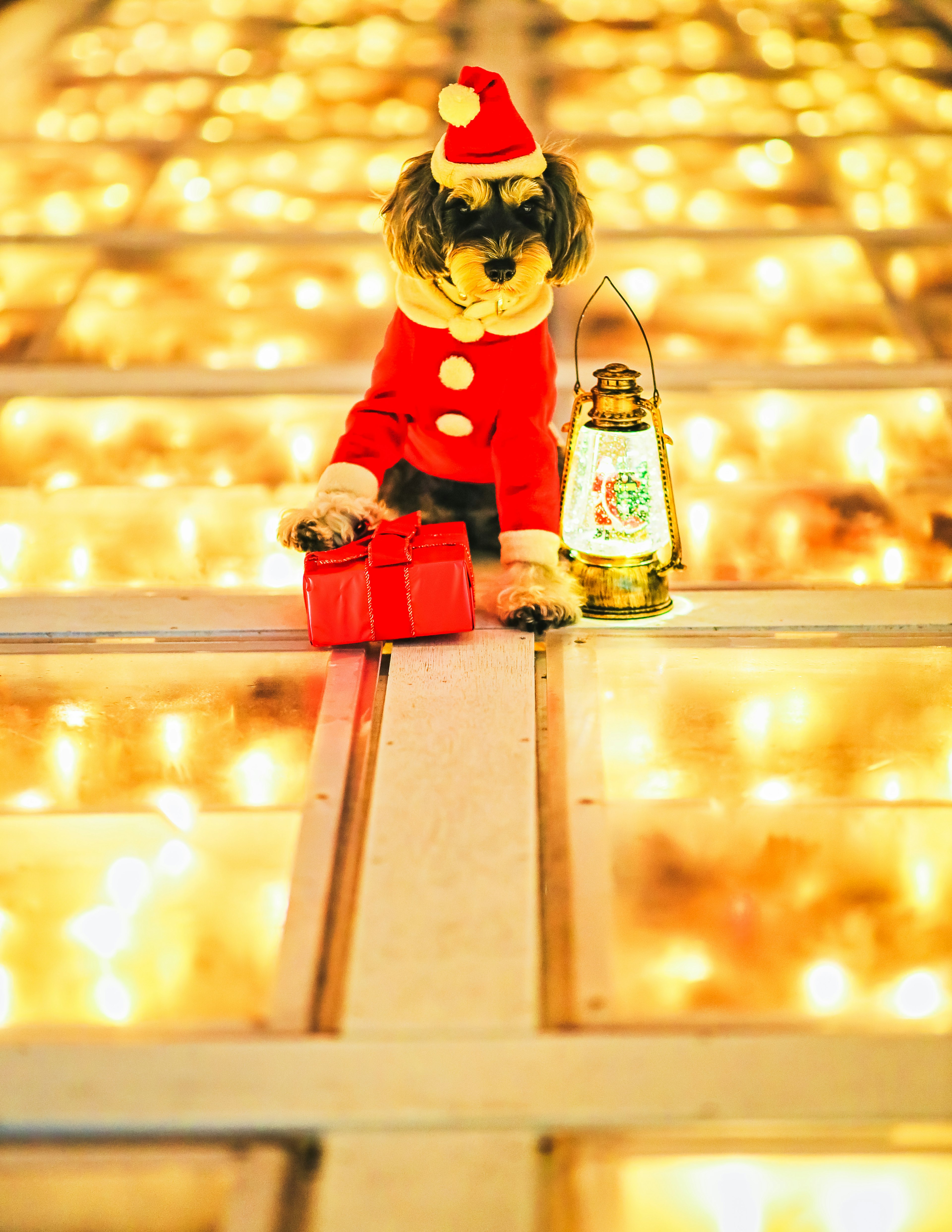 A dog wearing a Santa hat holding a red gift and a lantern