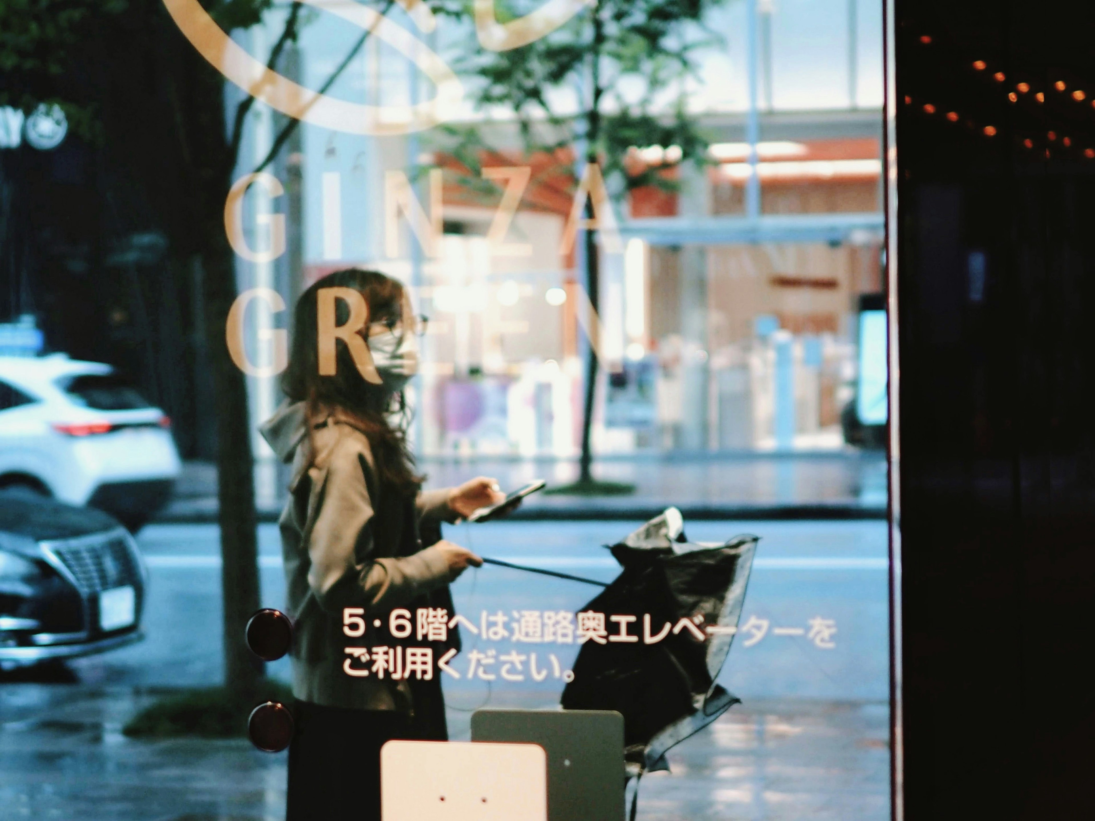 Donna con un ombrello sotto la pioggia vicino al pannello GINZA GRAND