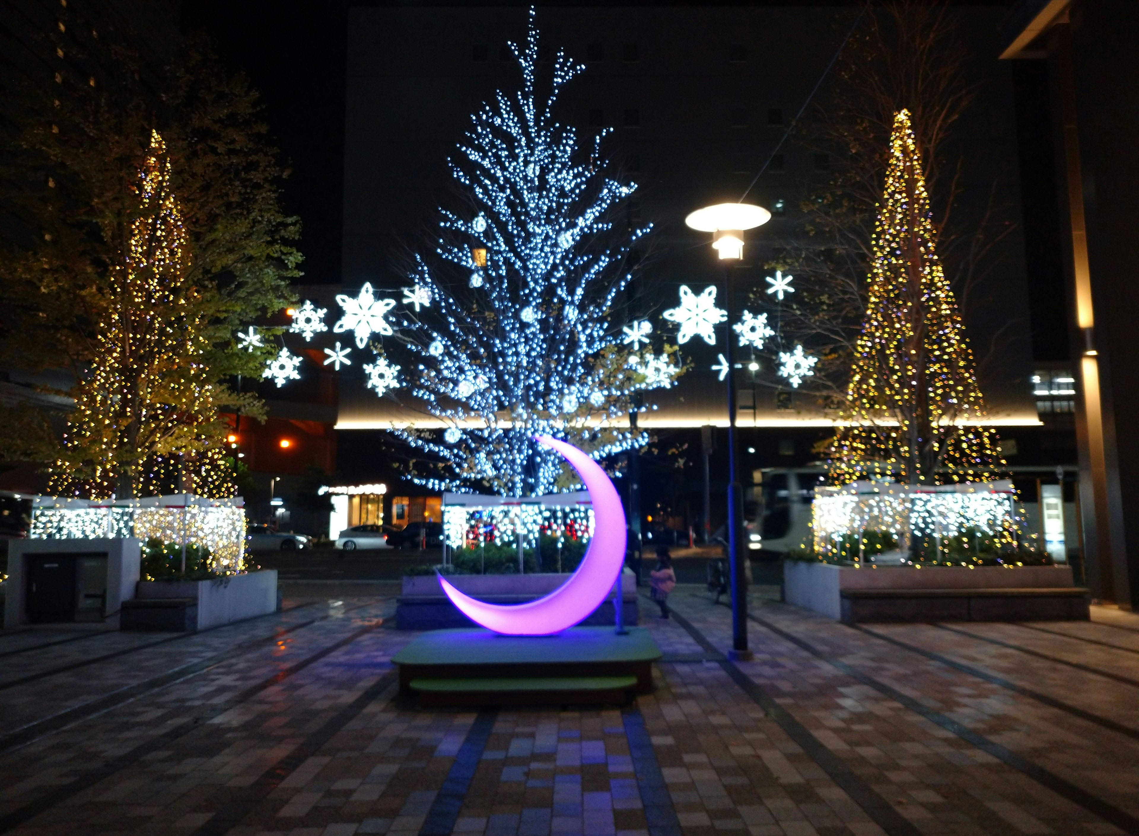 Scène nocturne avec des arbres de Noël illuminés et des décorations en forme d'étoile dans une place