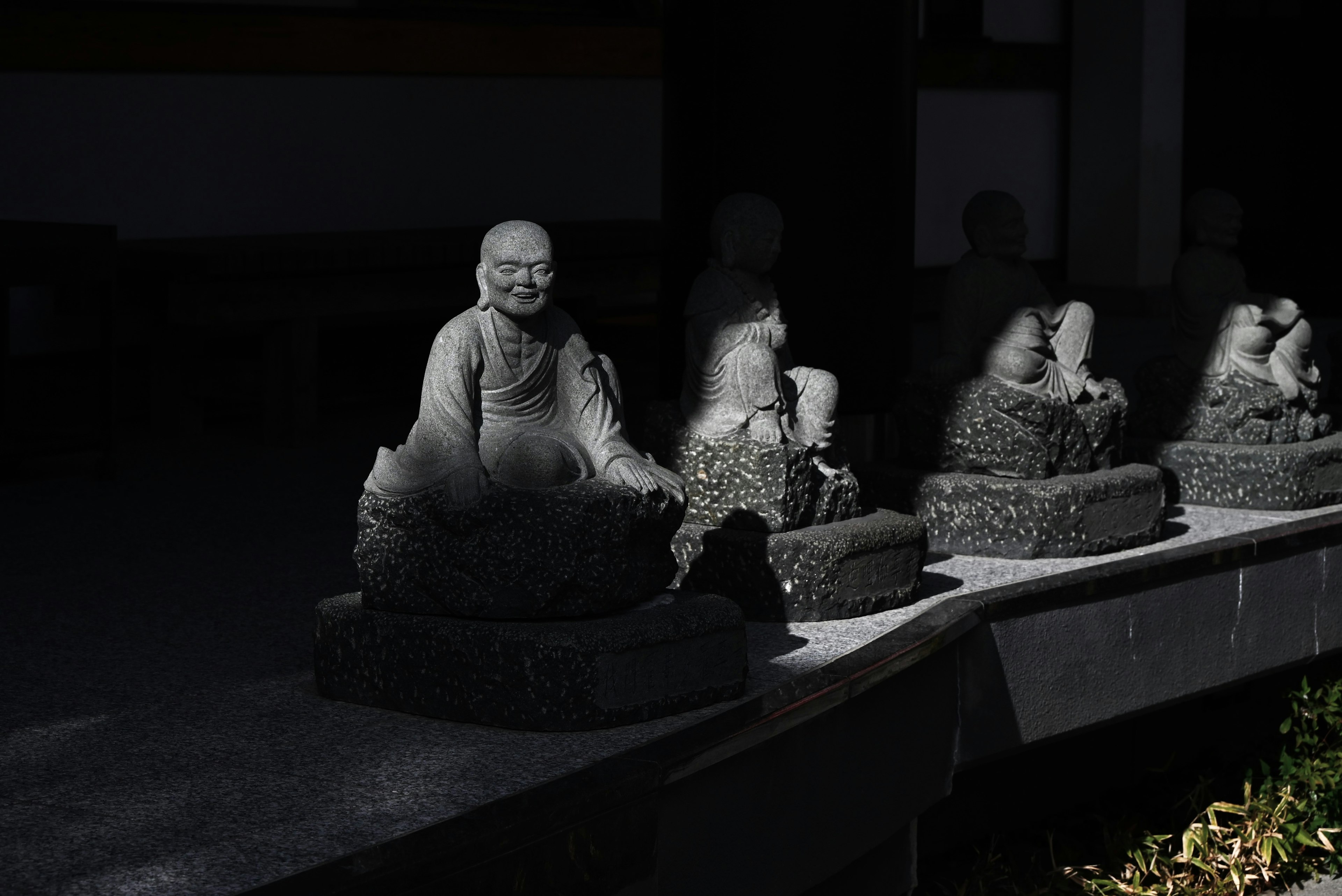 Row of stone Buddha statues in a dark setting