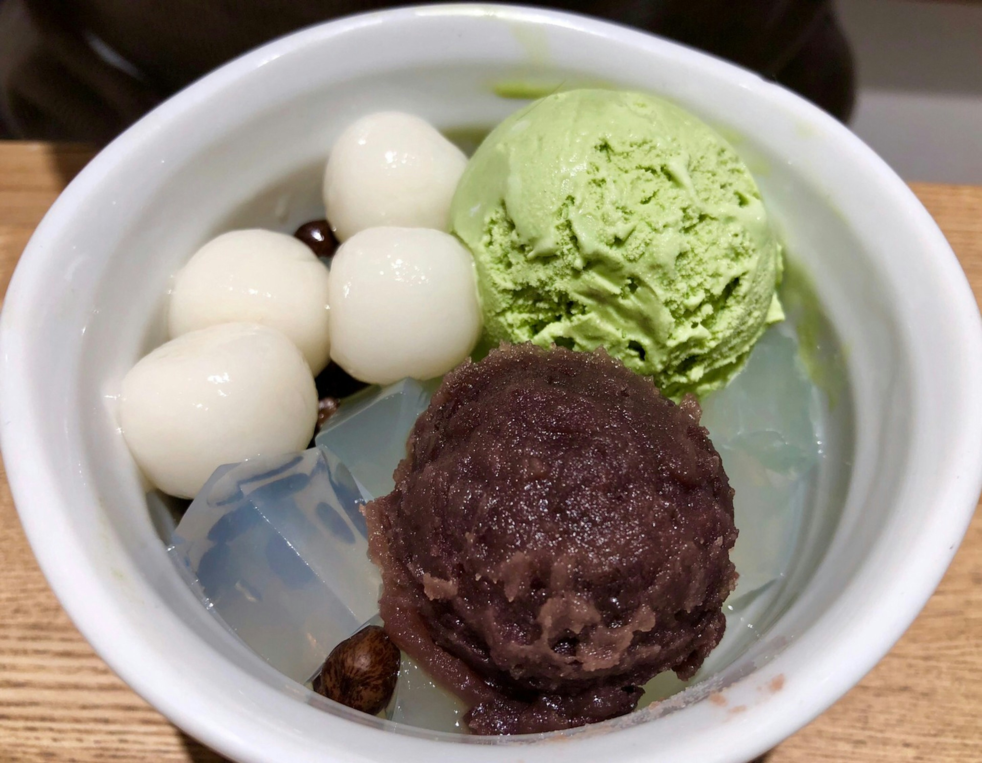 Dessert bowl with mochi, matcha ice cream, and red bean paste