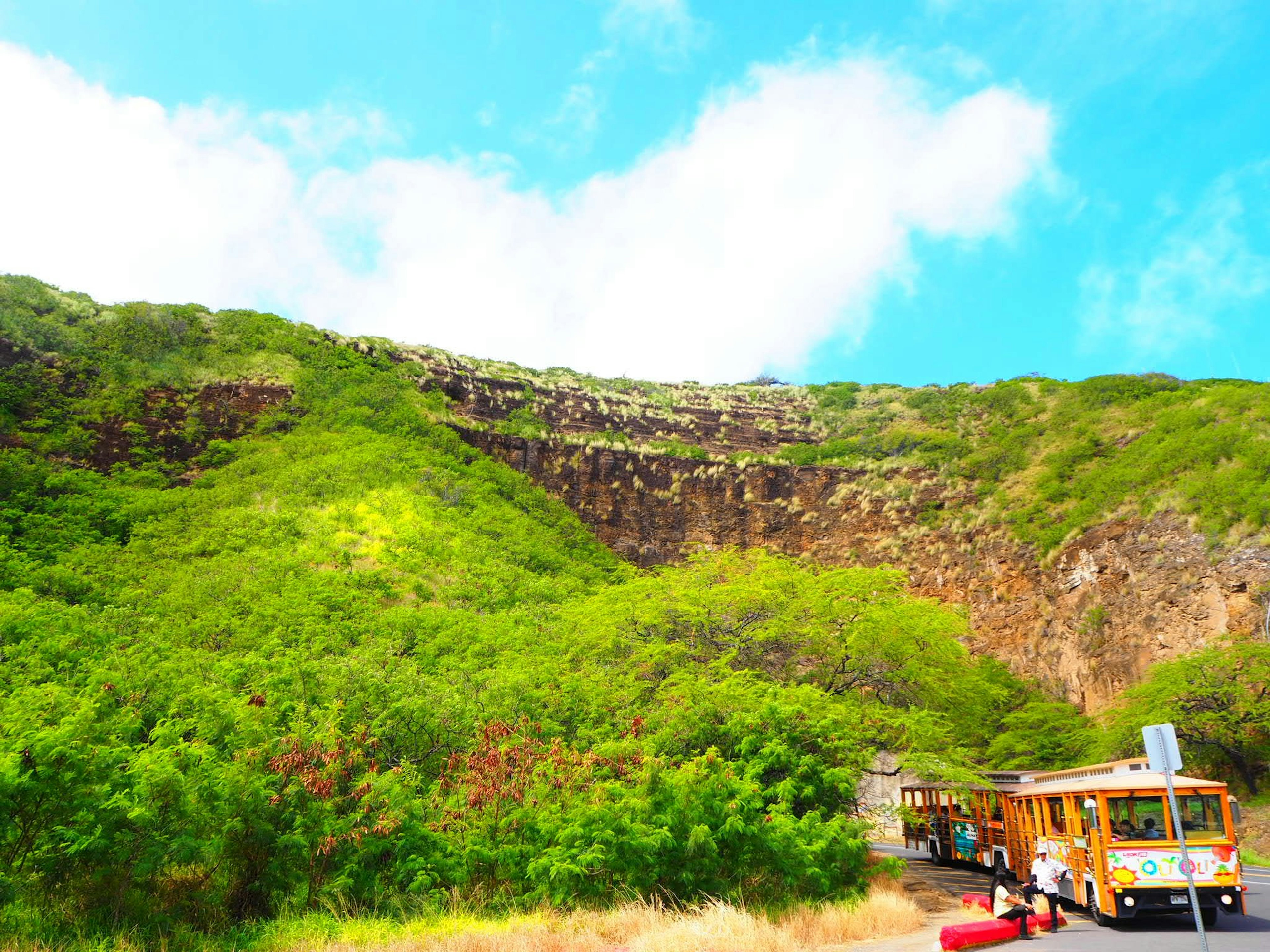 Colline verdoyante sous un ciel bleu avec un bus touristique