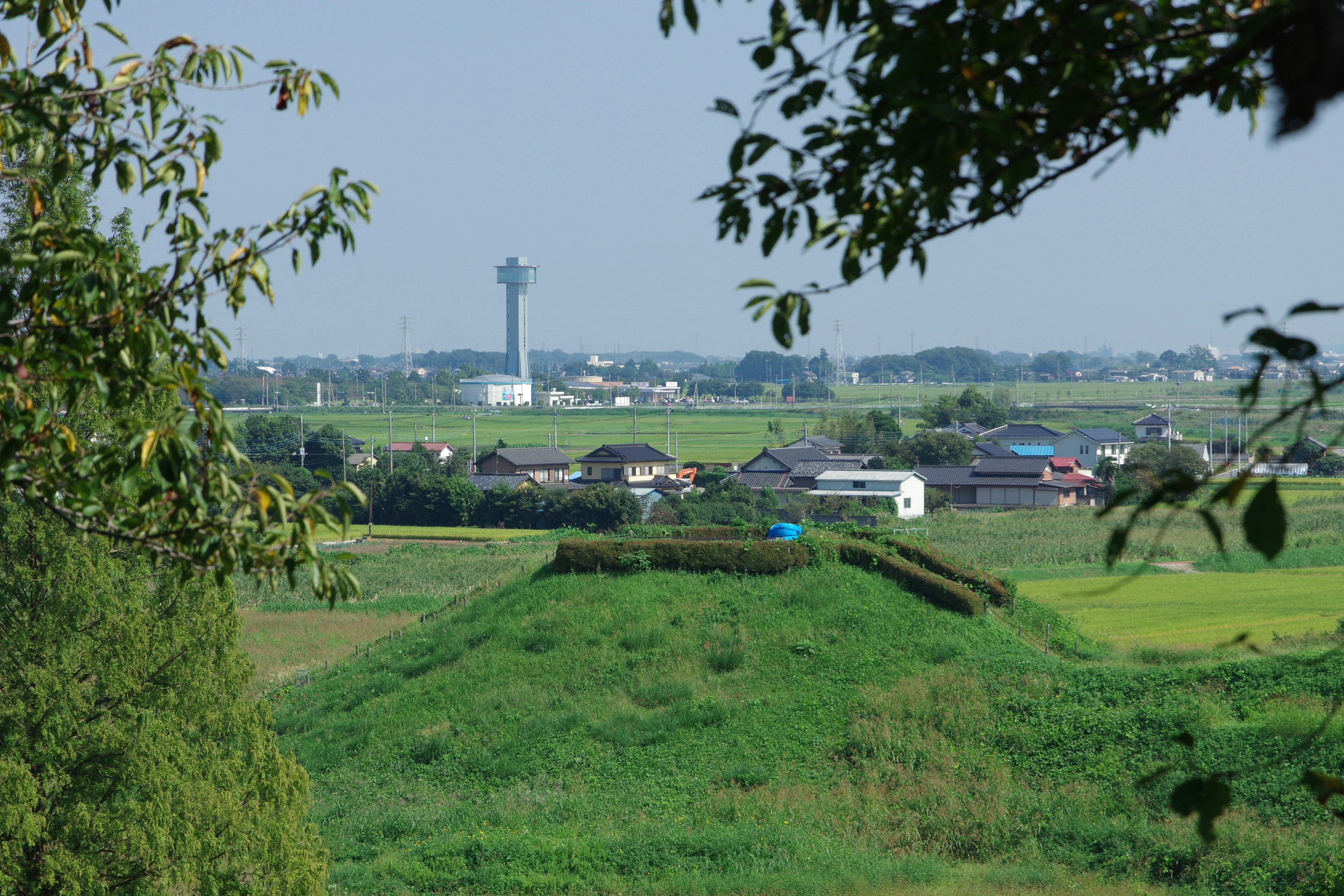 緑の風景に囲まれた小山と遠くの建物が見える