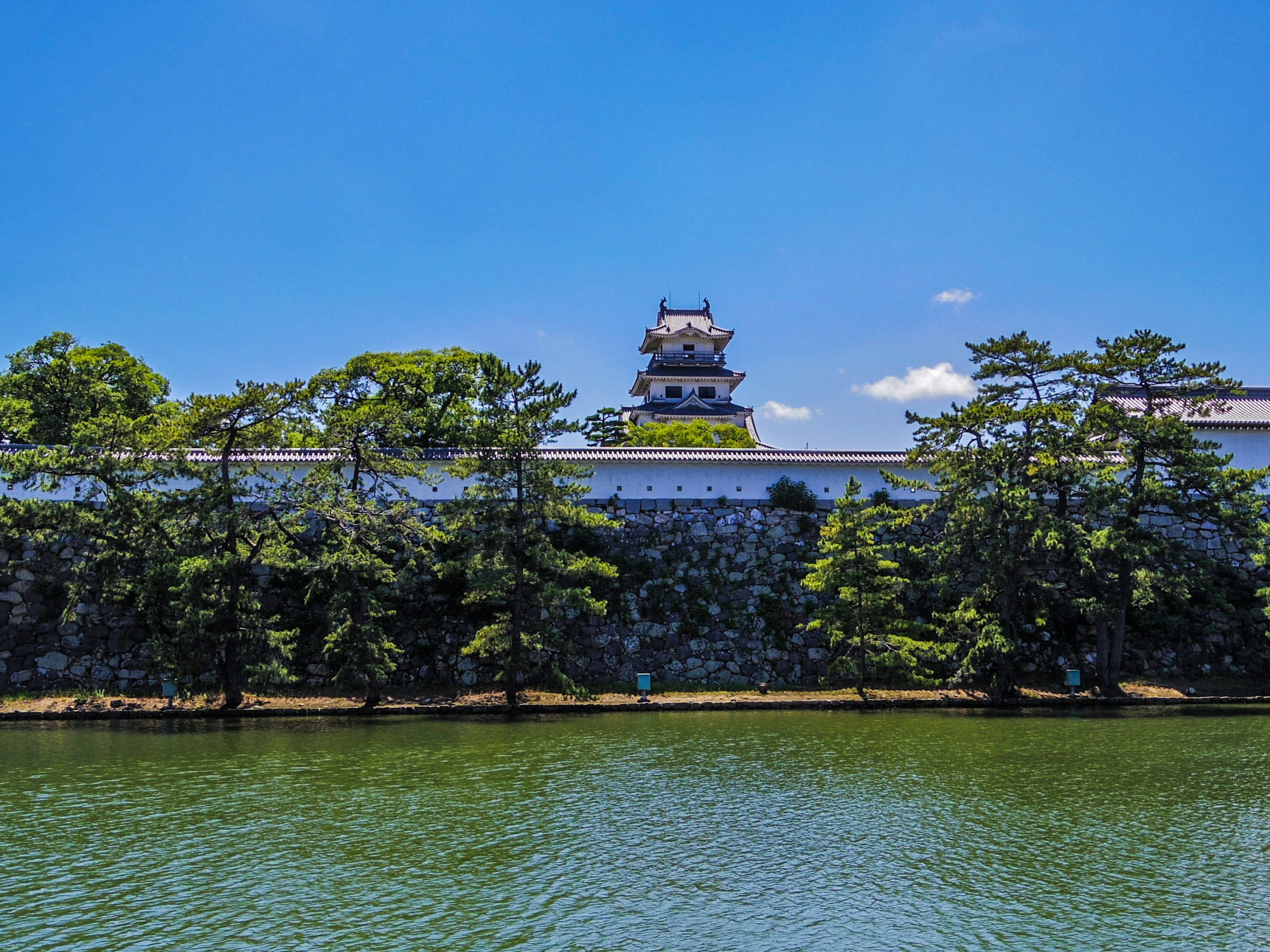 Japanese castle with a moat surrounded by trees under a clear blue sky