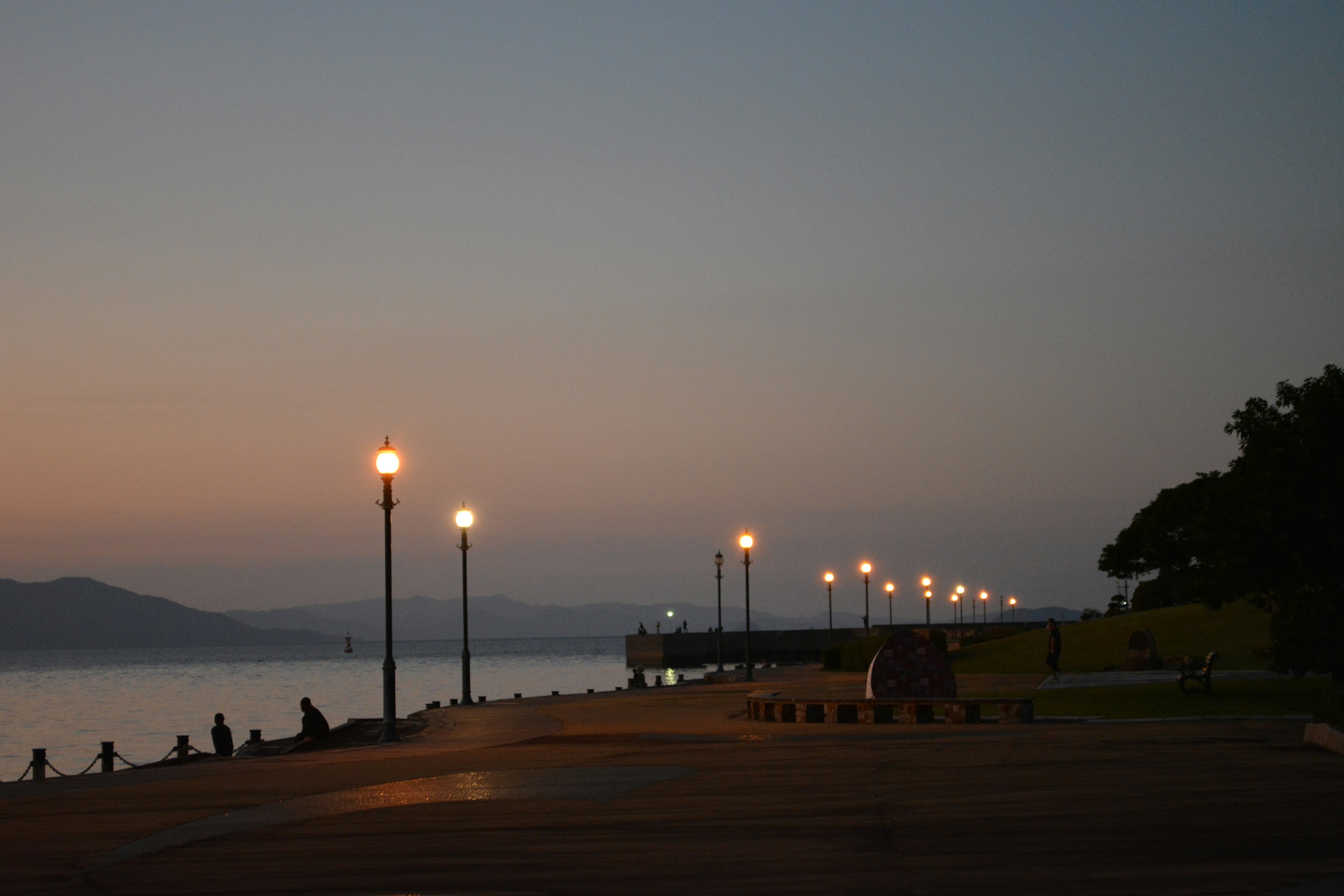 Waterfront walkway at dusk with streetlights and people