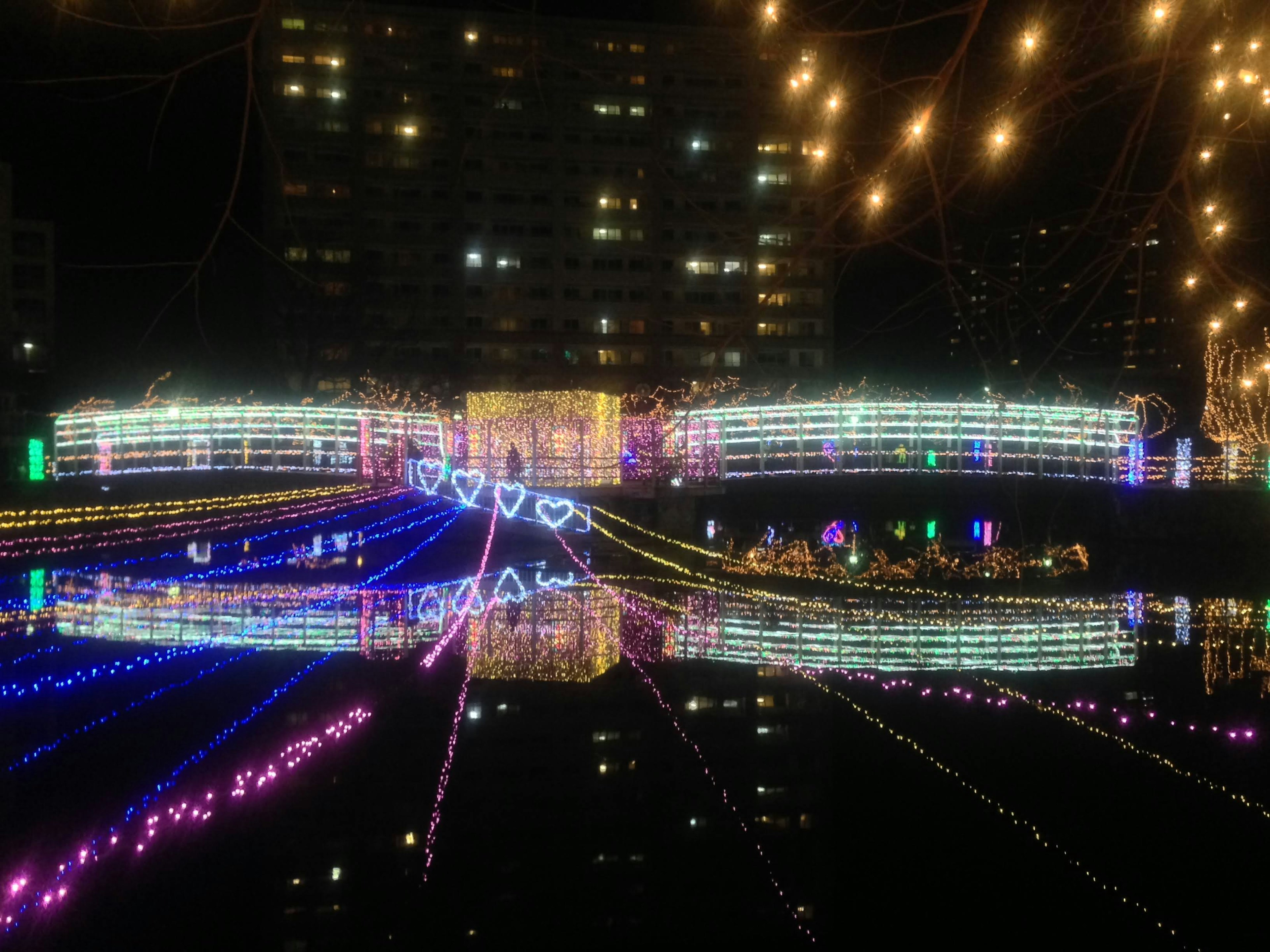 Puente iluminado colorido con reflejos en el agua