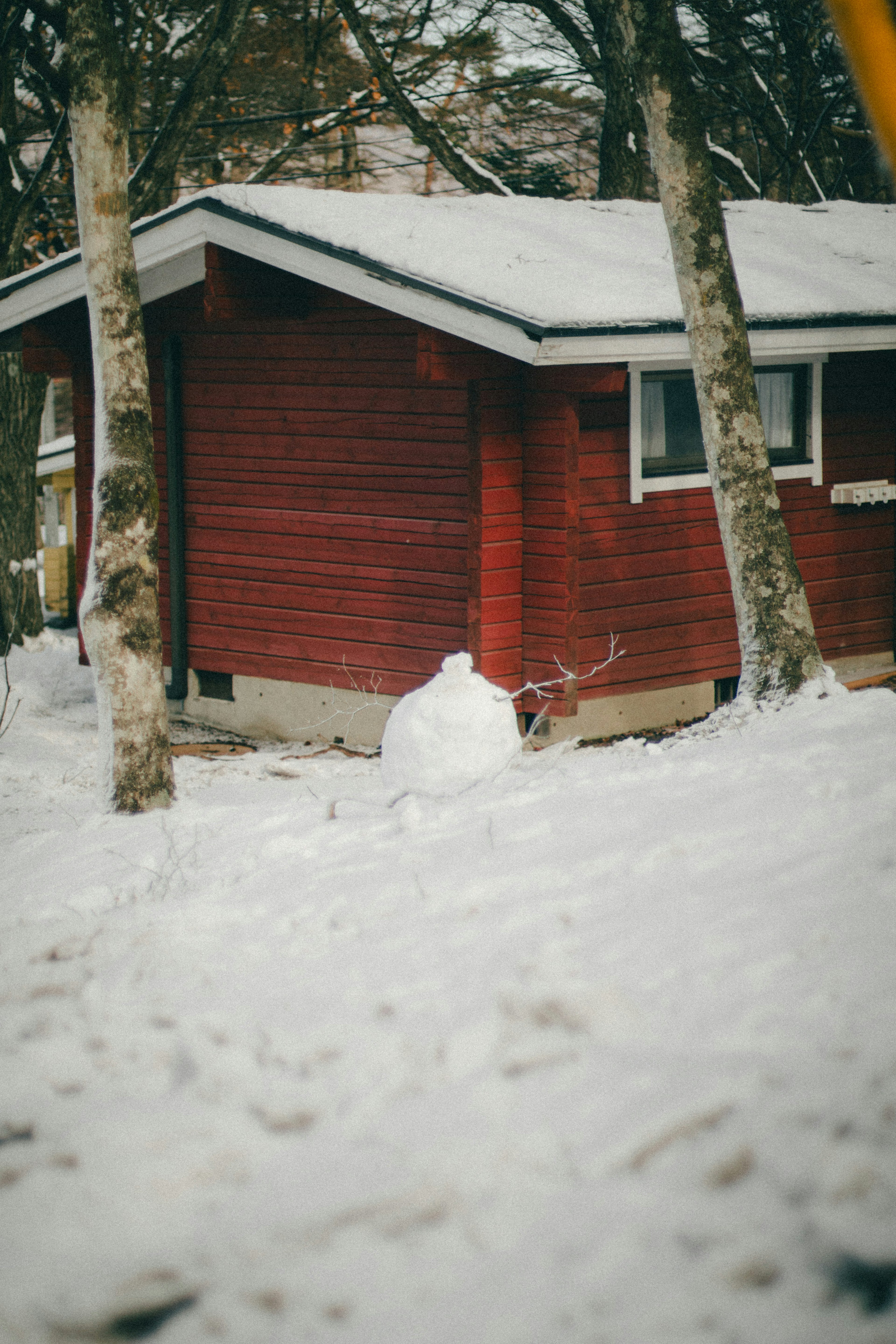 雪に覆われた赤い小屋と雪だるまが見える冬の風景