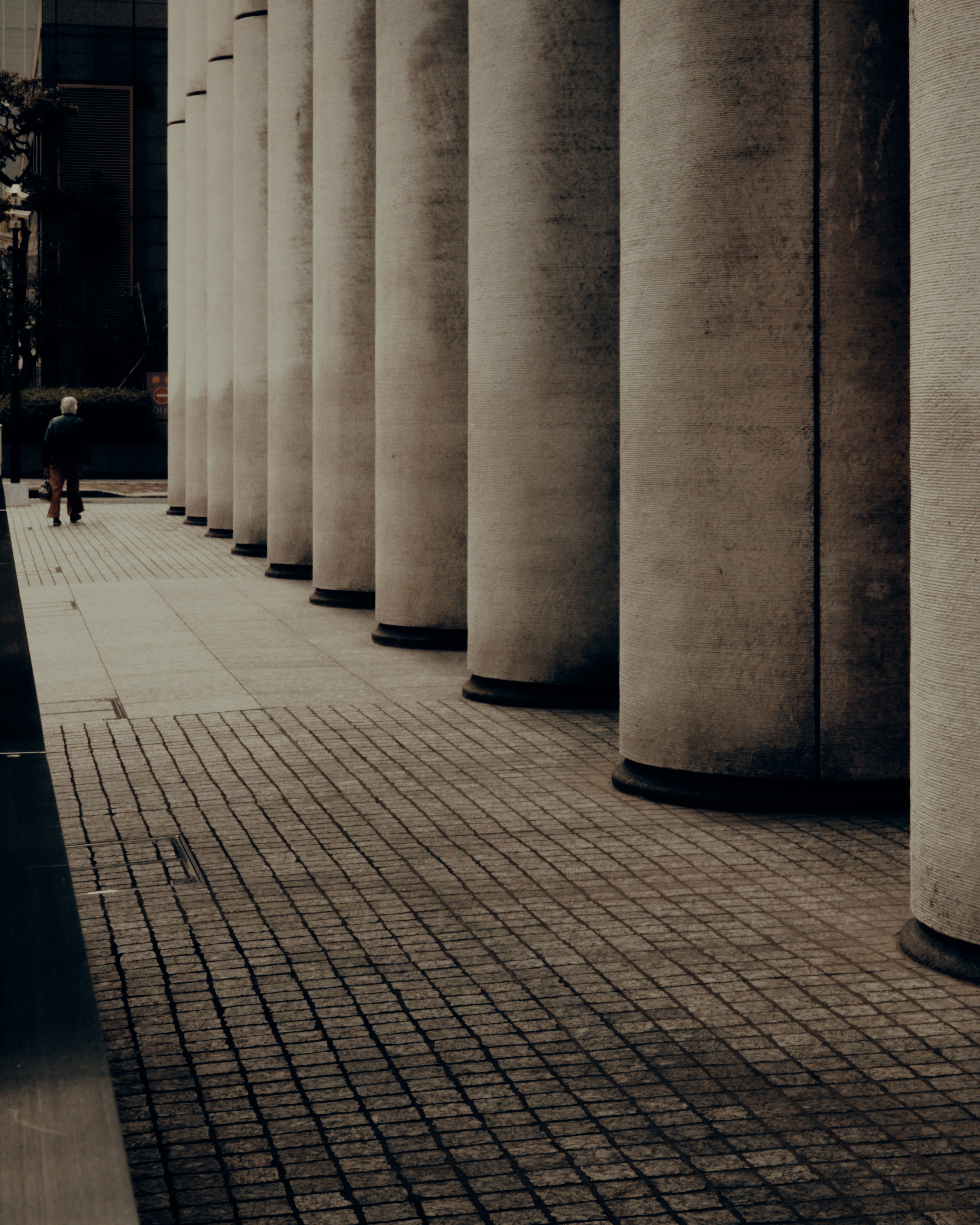 Paisaje urbano con columnas de concreto y un camino de baldosas