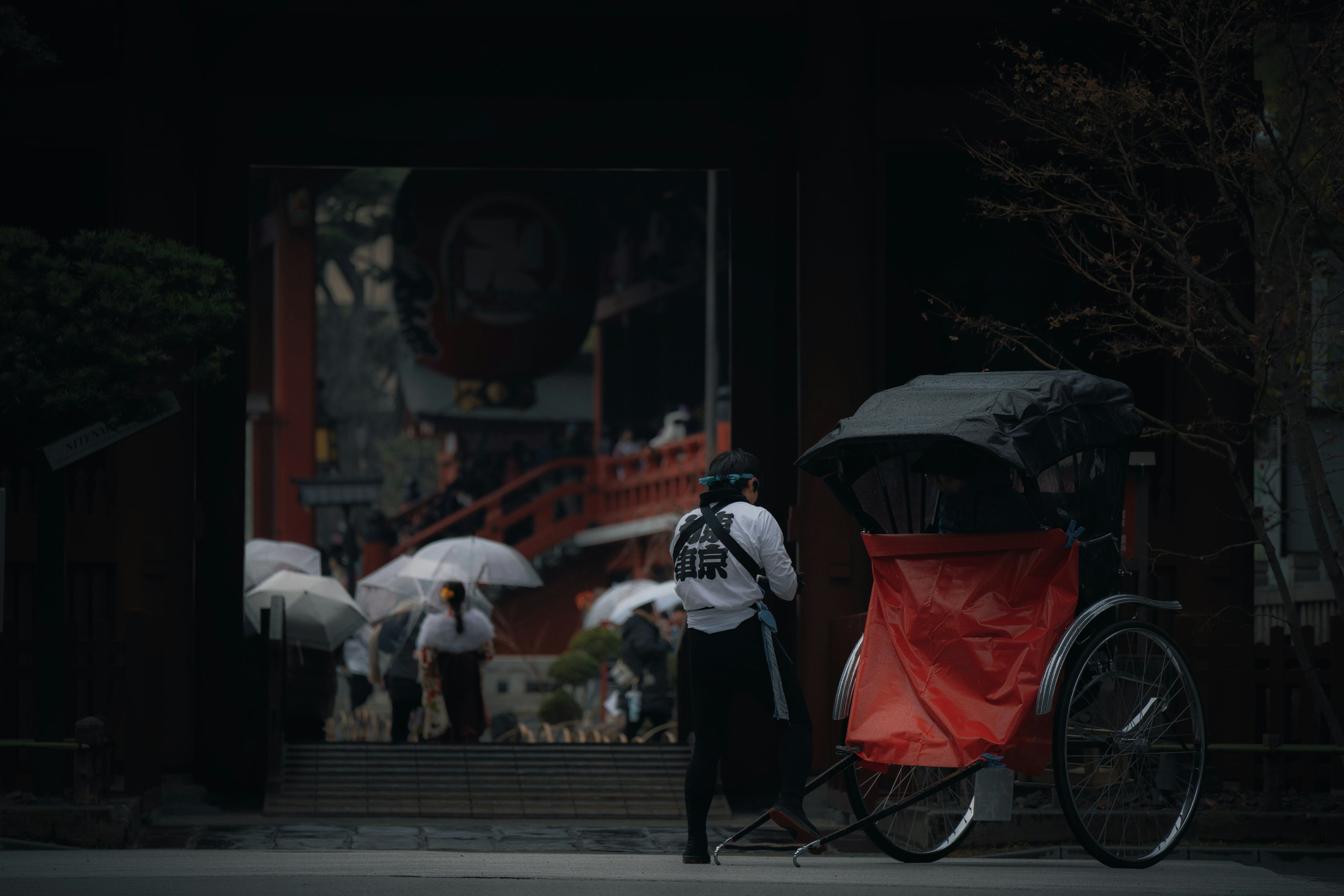 Scène d'un temple japonais avec un pousse-pousse et des touristes tenant des parapluies