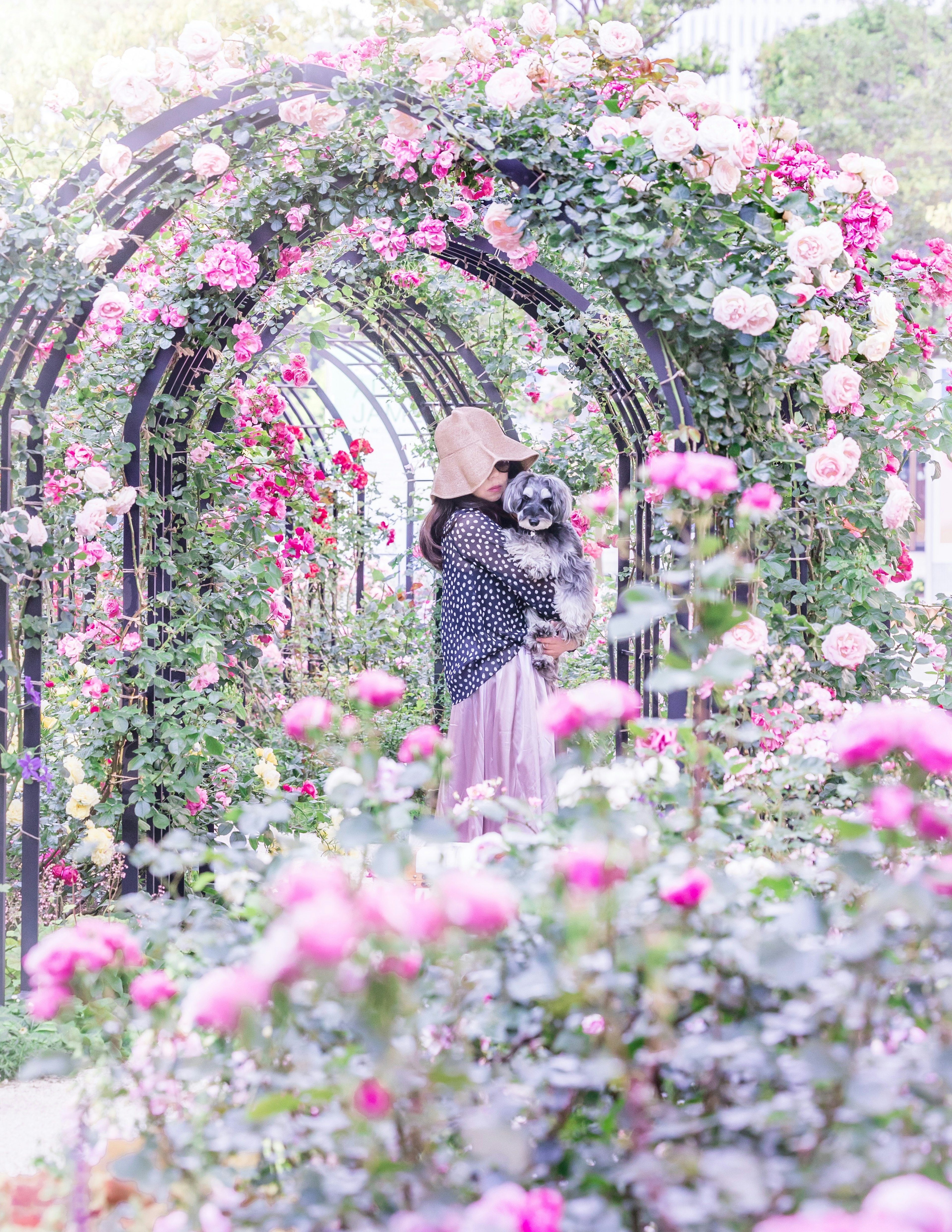 Una mujer sosteniendo un perro bajo un arco de rosas rodeada de rosas en flor