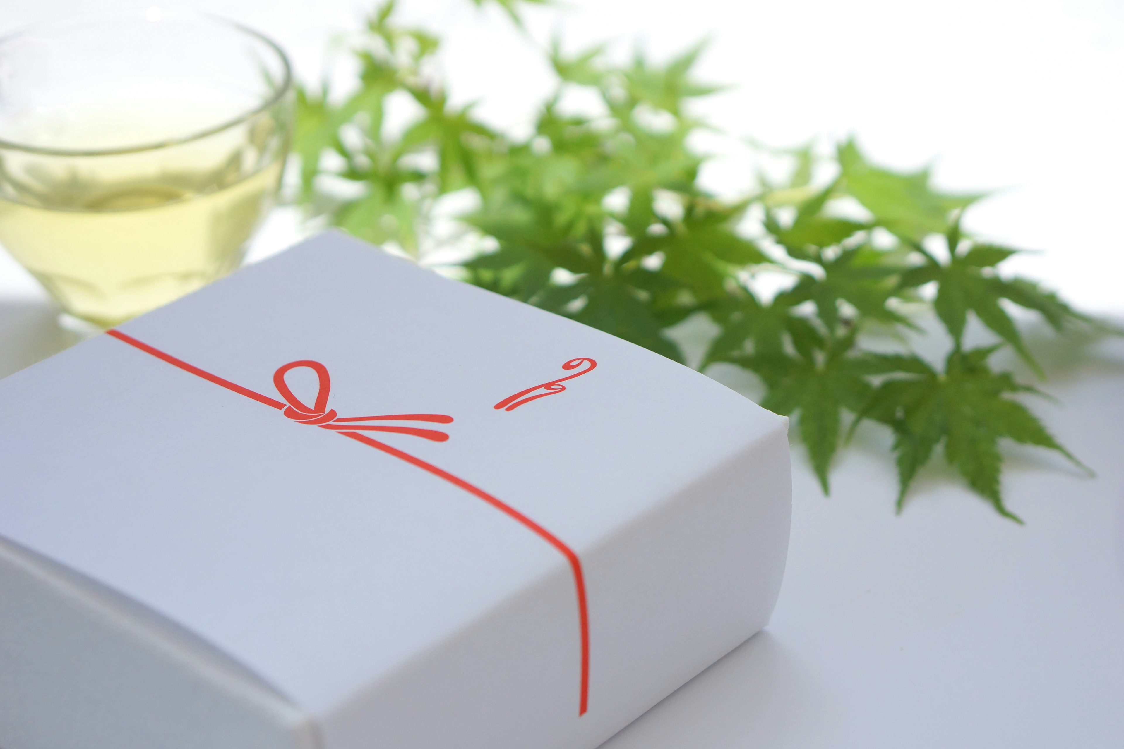 Una caja de regalo blanca atada con una cinta roja rodeada de hojas verdes y una taza de té