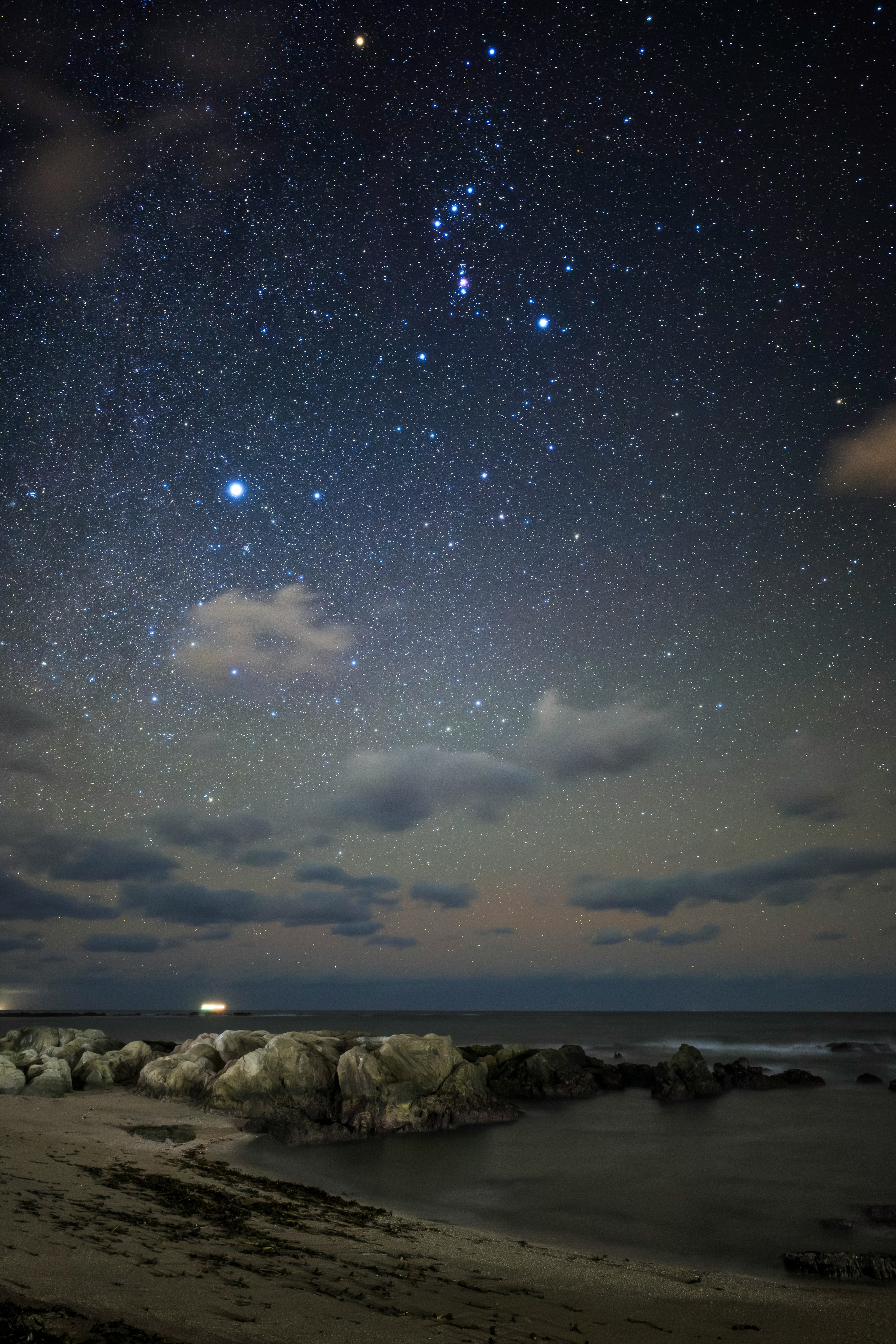 Una scena costiera sotto un cielo stellato con la costellazione di Orione che brilla intensamente