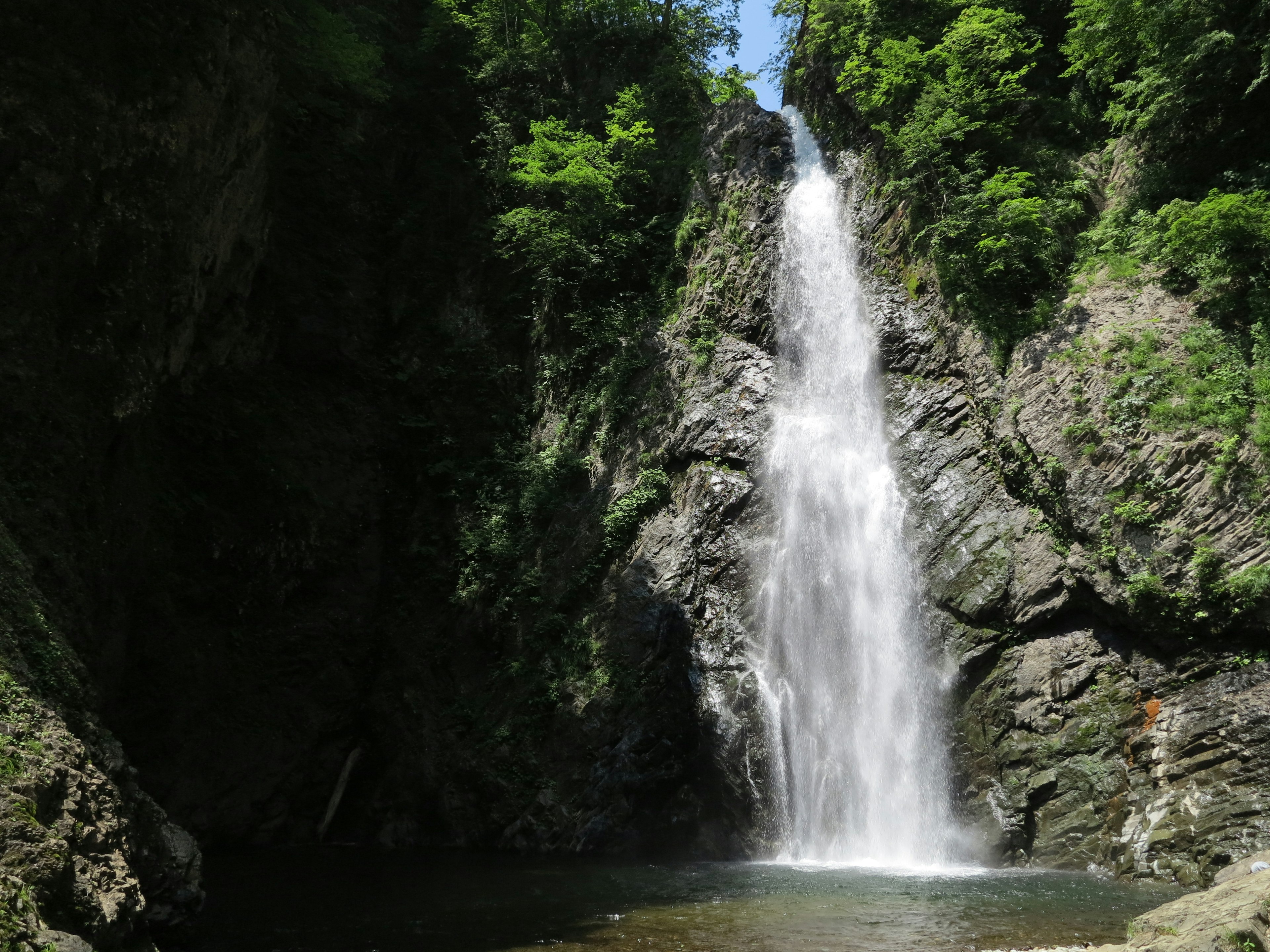 A beautiful waterfall cascading in a lush green setting