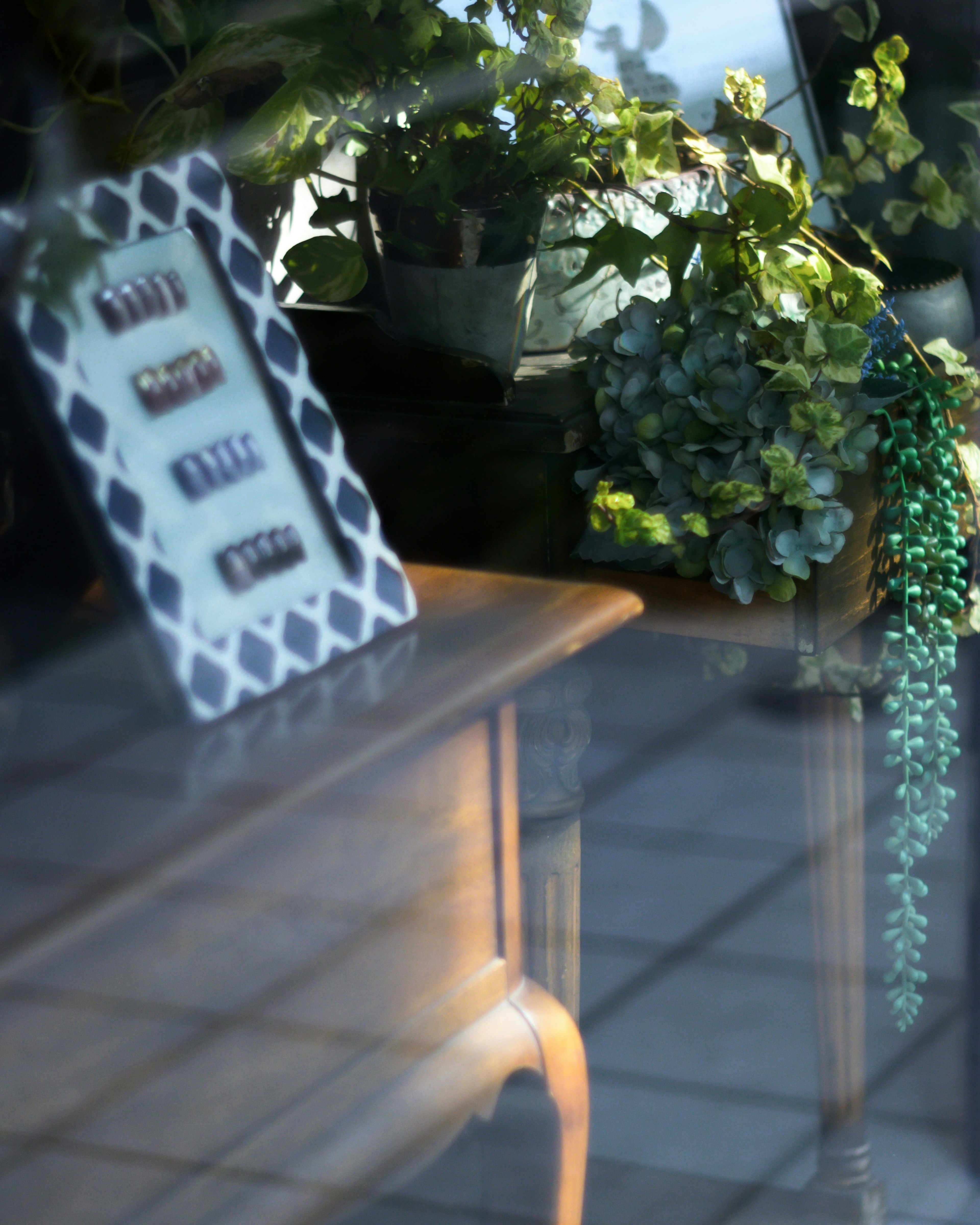 A view through a window showing a wooden table with plants and a decorative frame