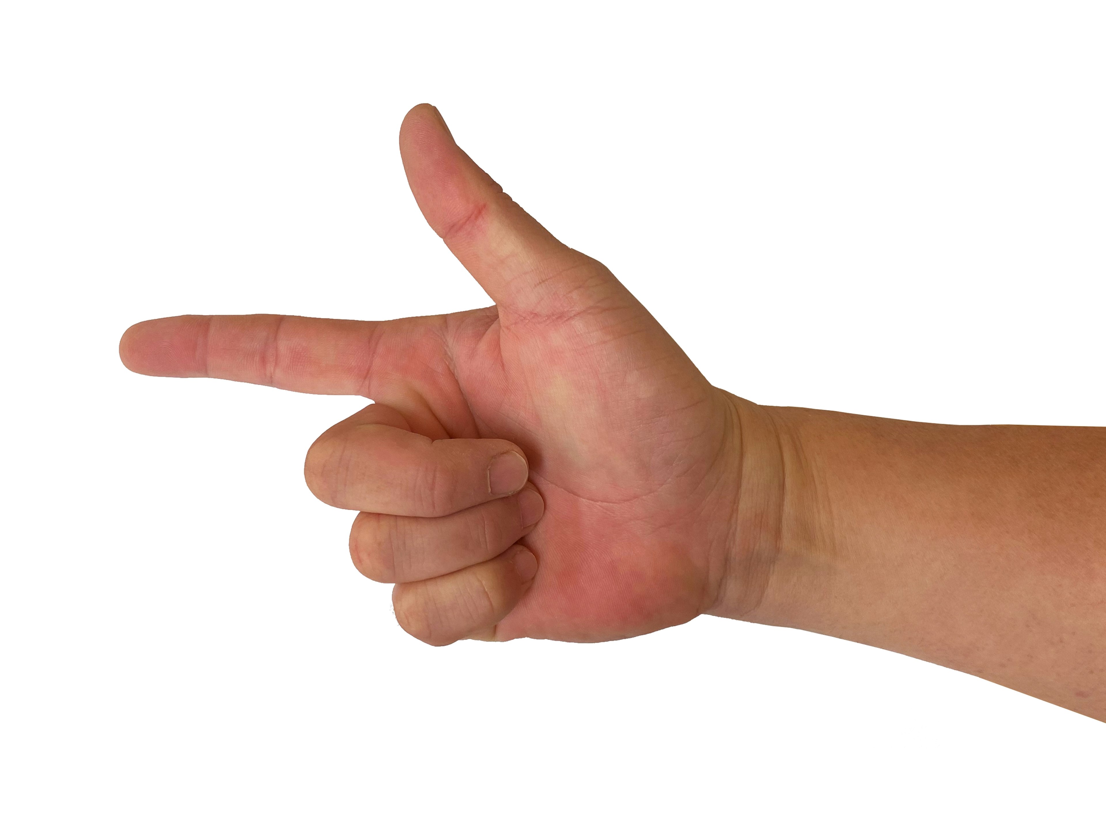 A hand forming a gun shape with fingers pointing outward