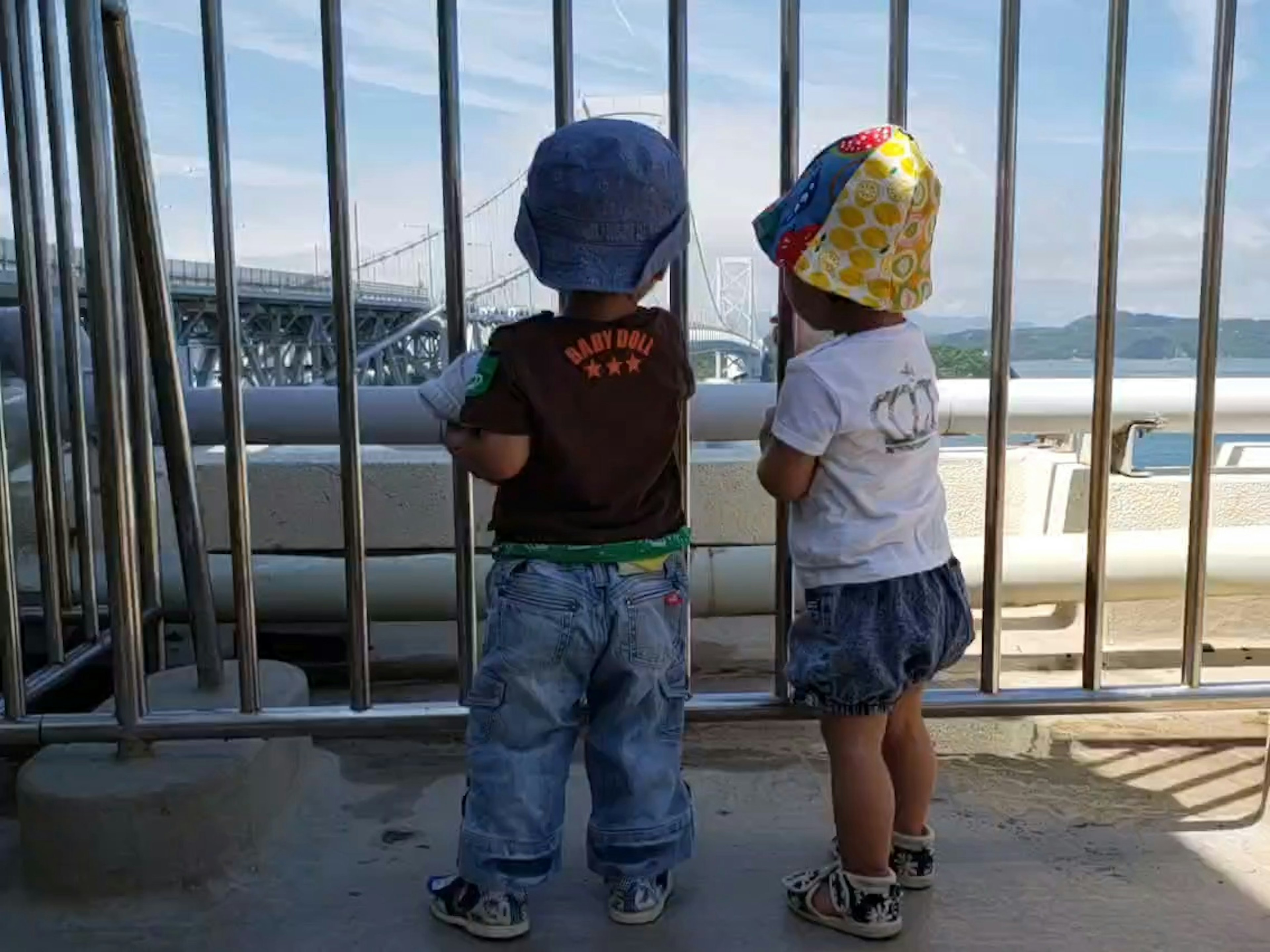 Due bambini in piedi vicino a una recinzione che guardano il panorama