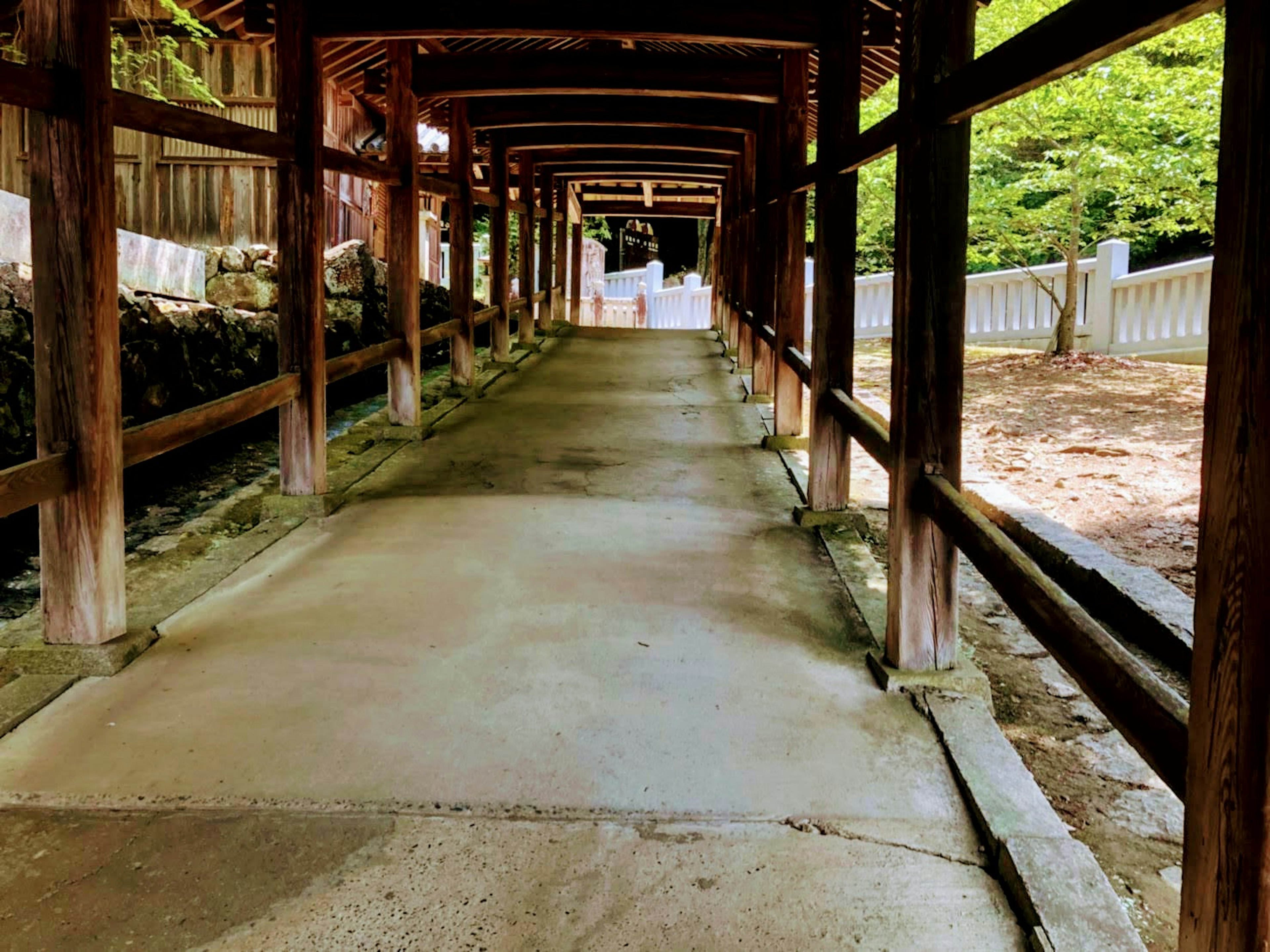 Chemin tranquille avec une structure d'arcade en bois