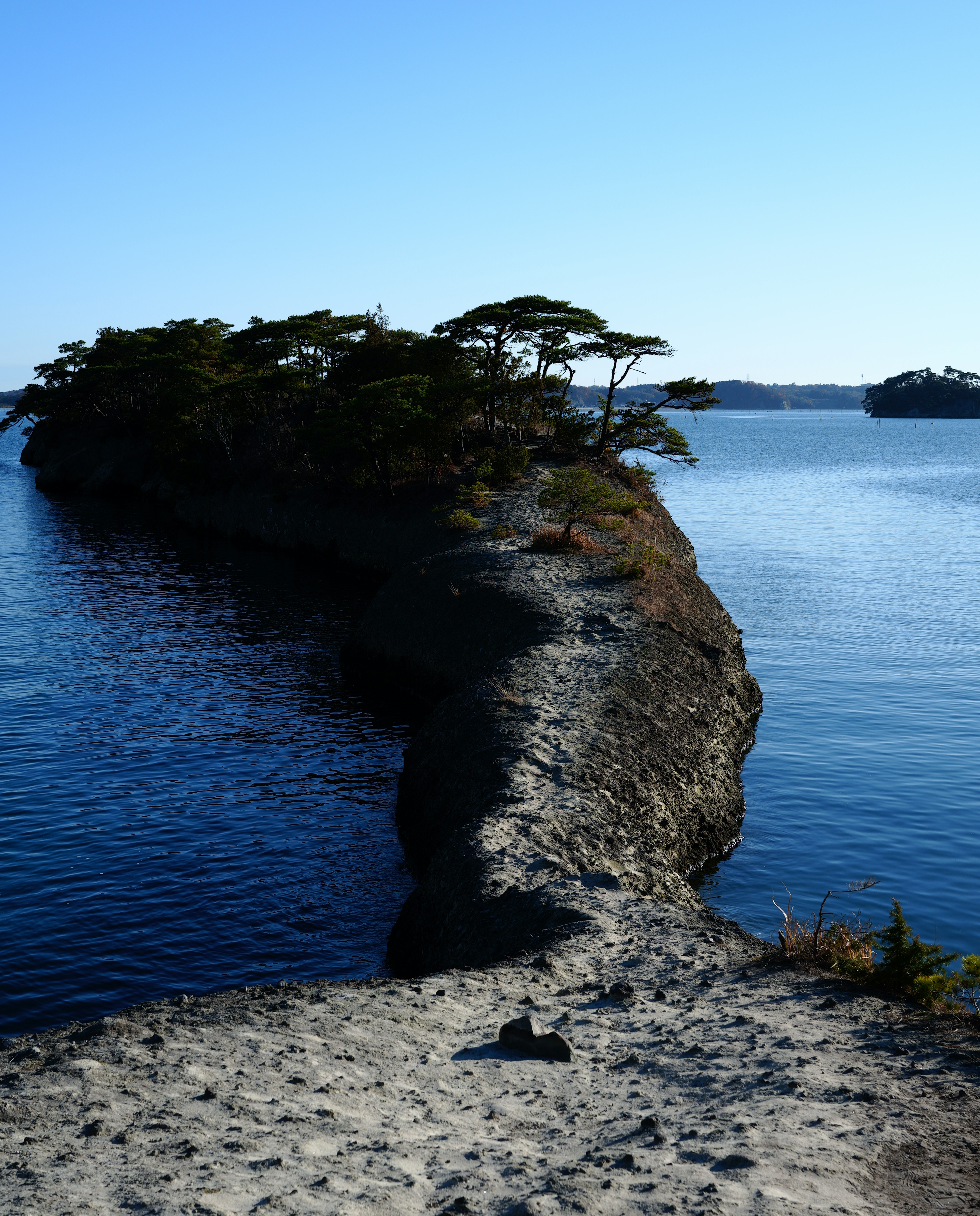 Schmaler Sandweg, der zu einer kleinen Insel führt, umgeben von blauem Wasser und Bäumen