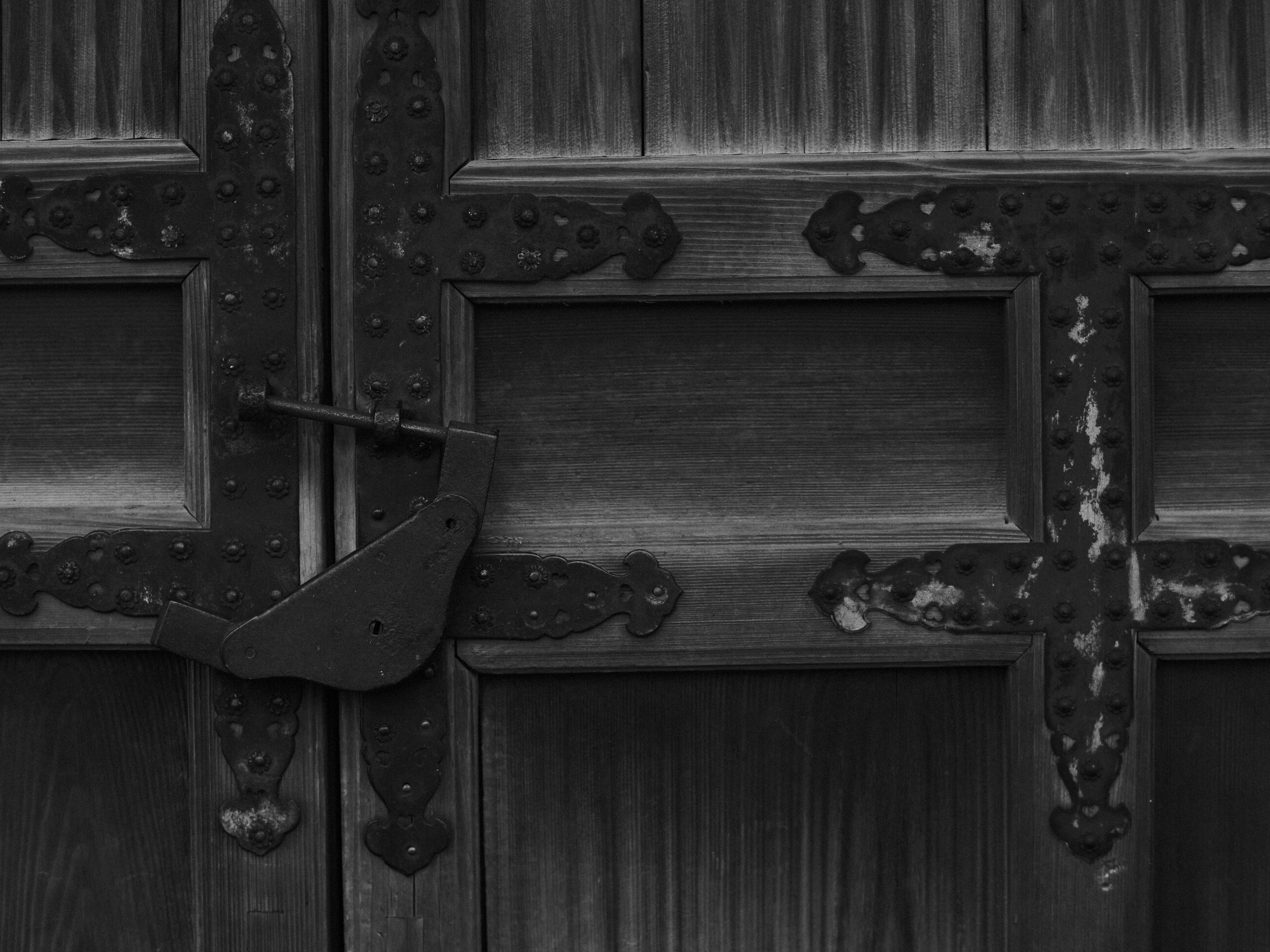 Close-up of a wooden door with black metal fittings and a padlock