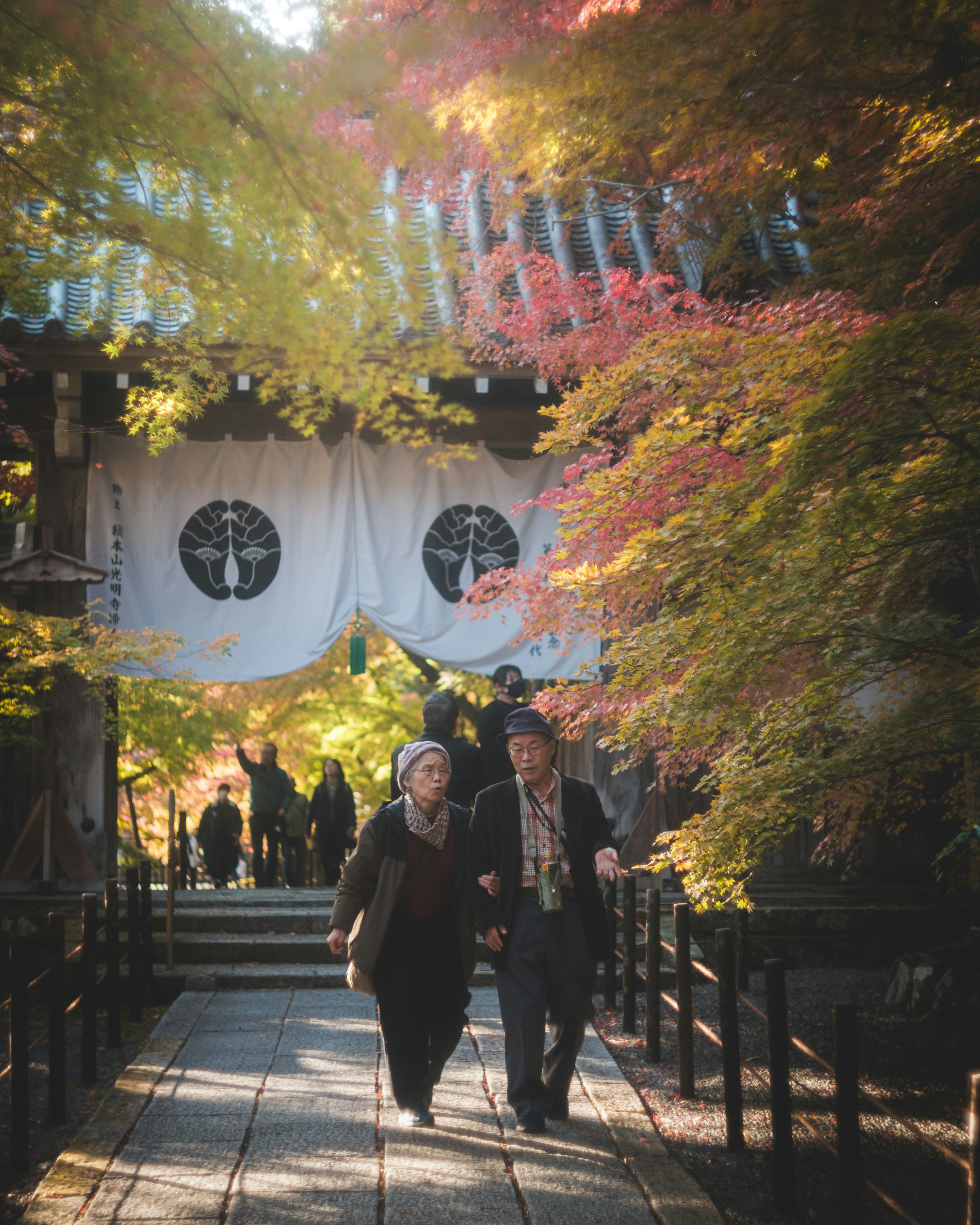 色とりどりの紅葉の中を歩くカップルと背景にある神社の門