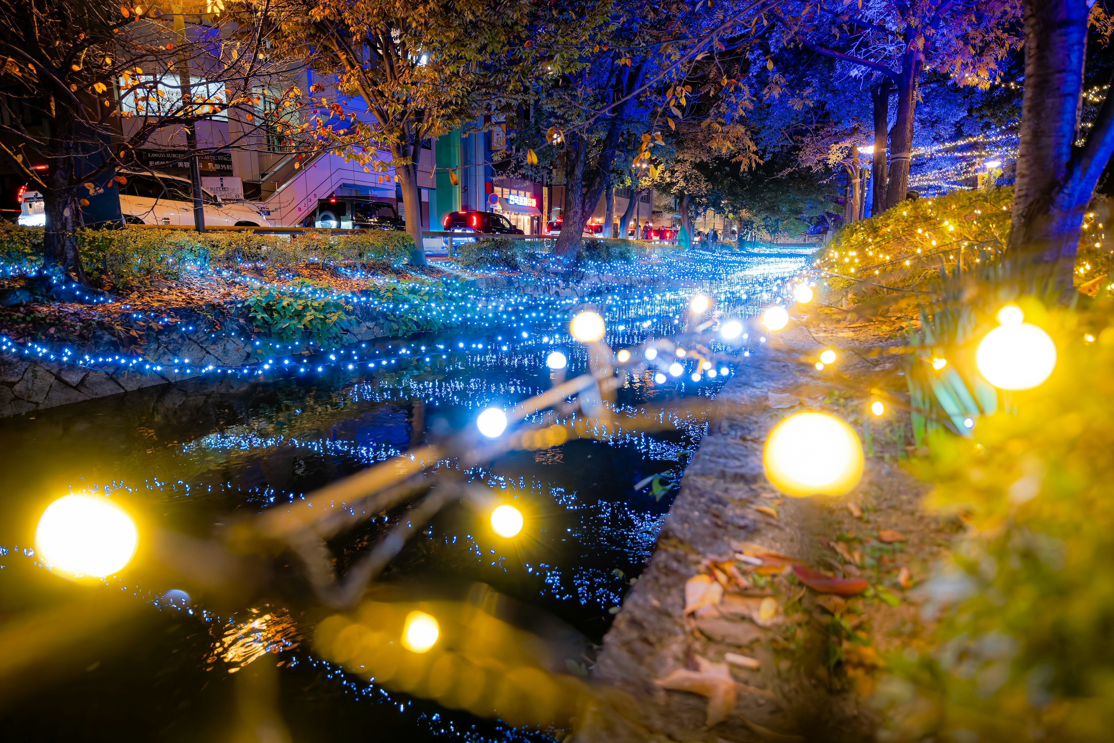 Bunte Lichter beleuchten einen ruhigen Bach in der Nacht