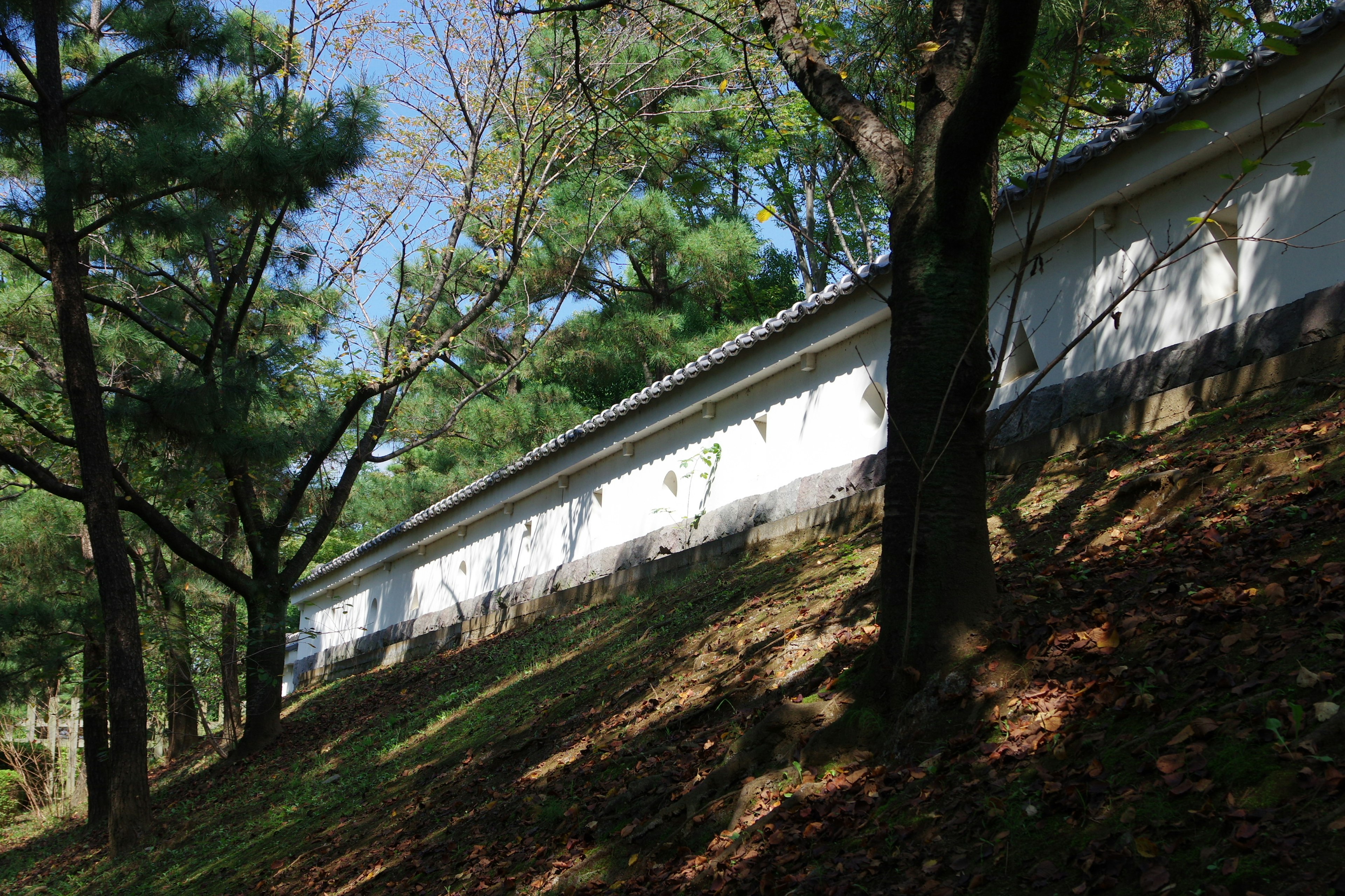 緑の木々に囲まれた白い壁の城壁