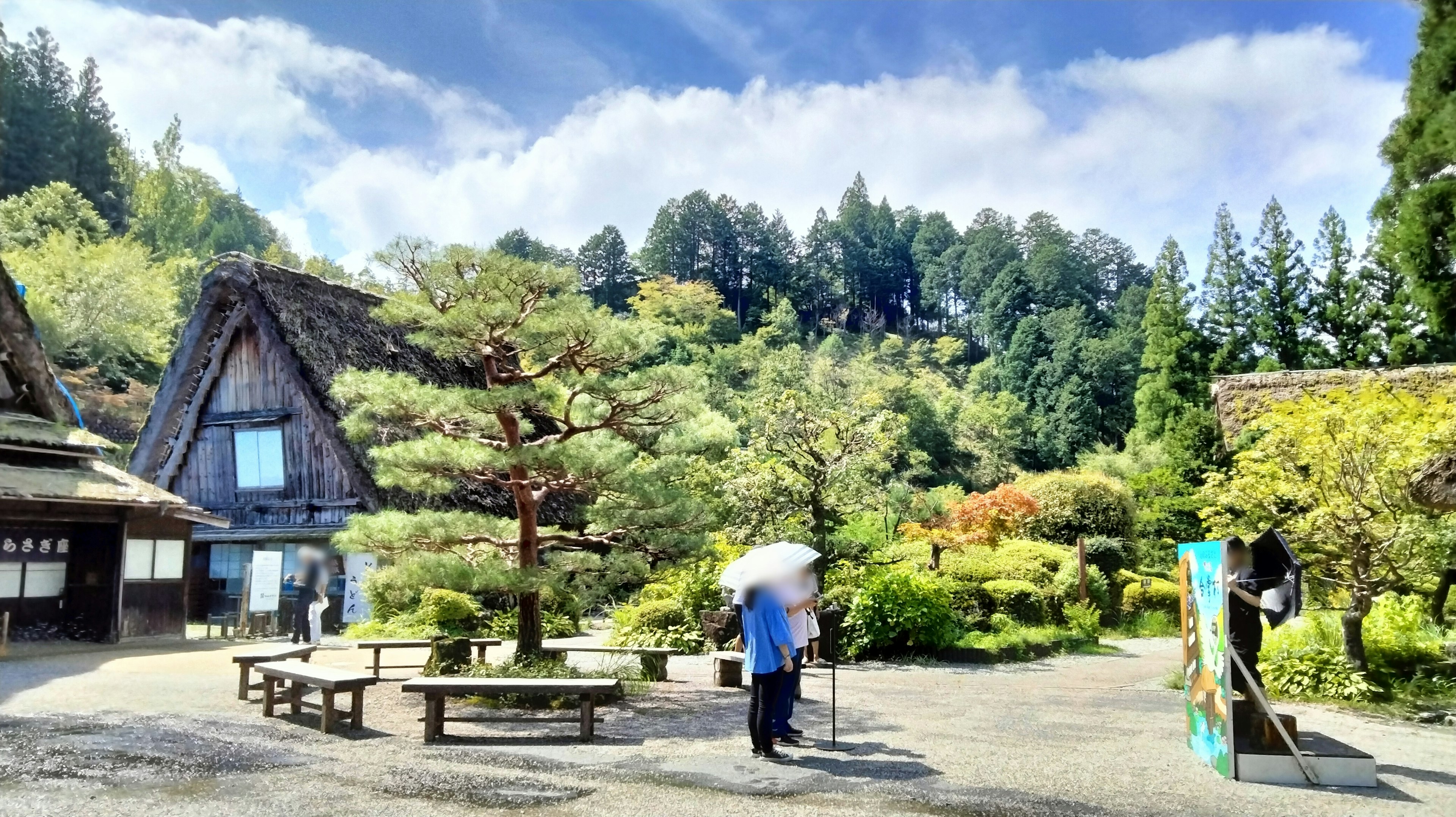 美しい庭園の中に伝統的な日本の家屋と緑豊かな山々が見える