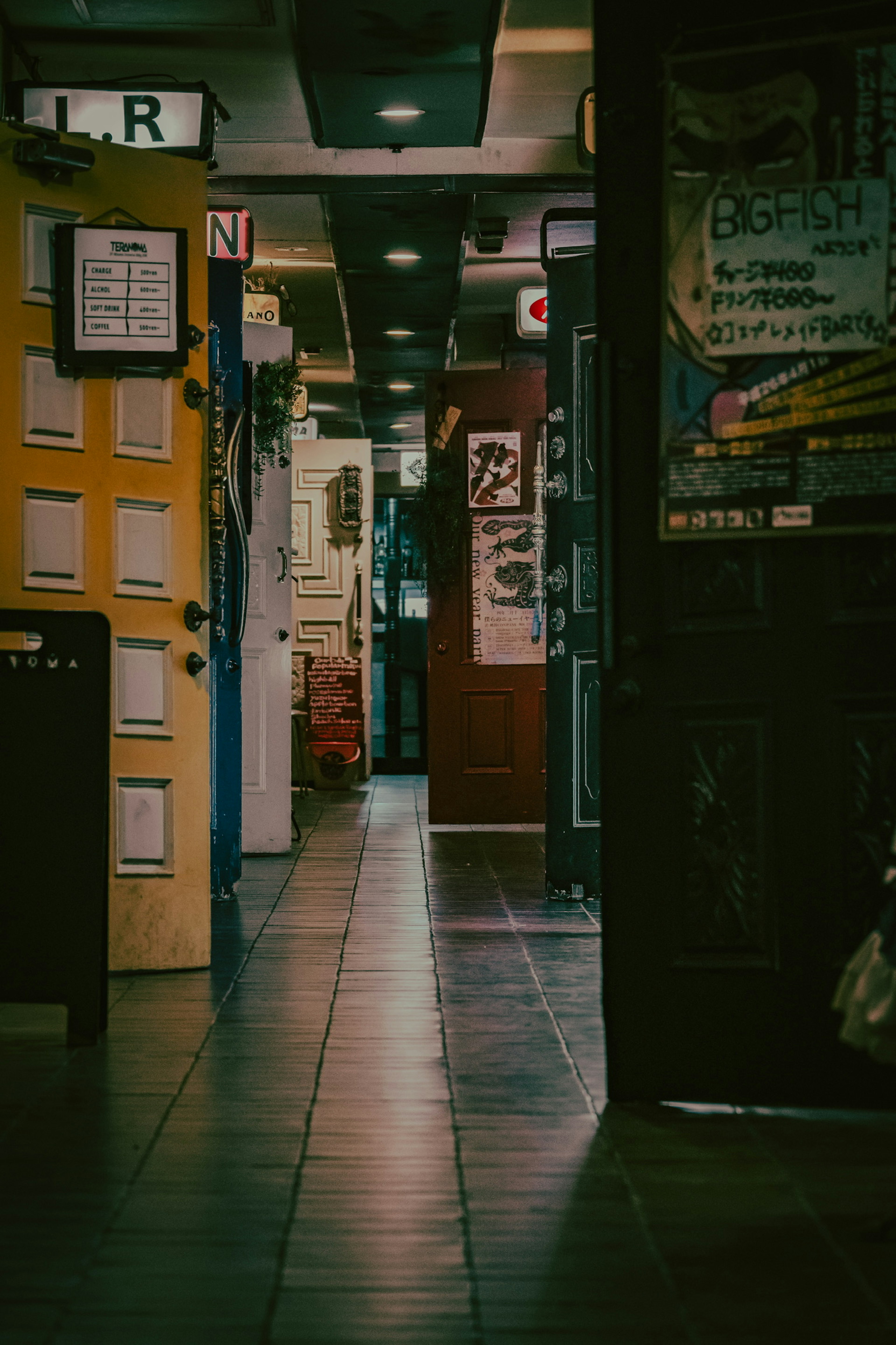 Narrow hallway scene featuring a yellow door and multiple signs