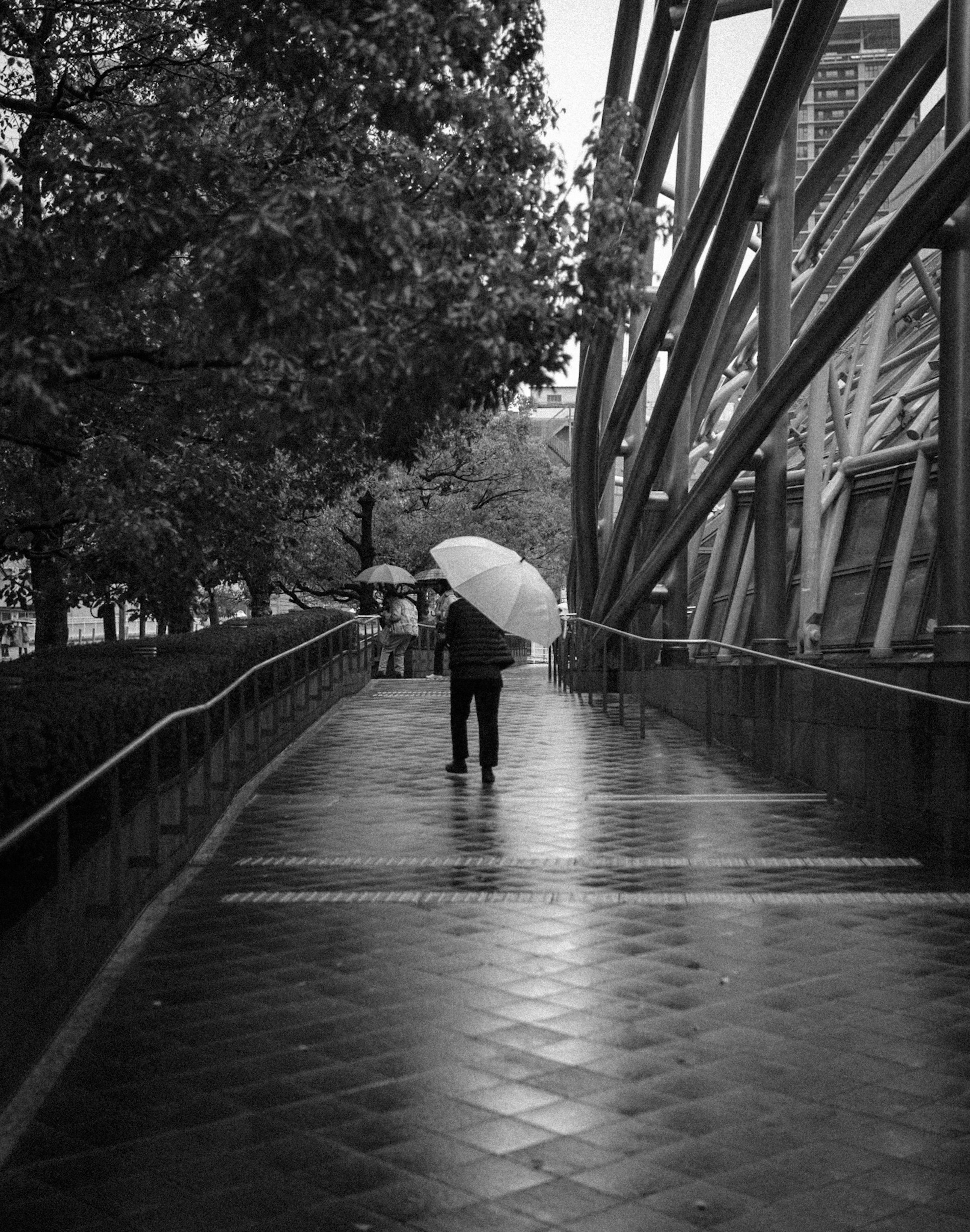 Une personne marchant avec un parapluie dans une scène en noir et blanc sous la pluie