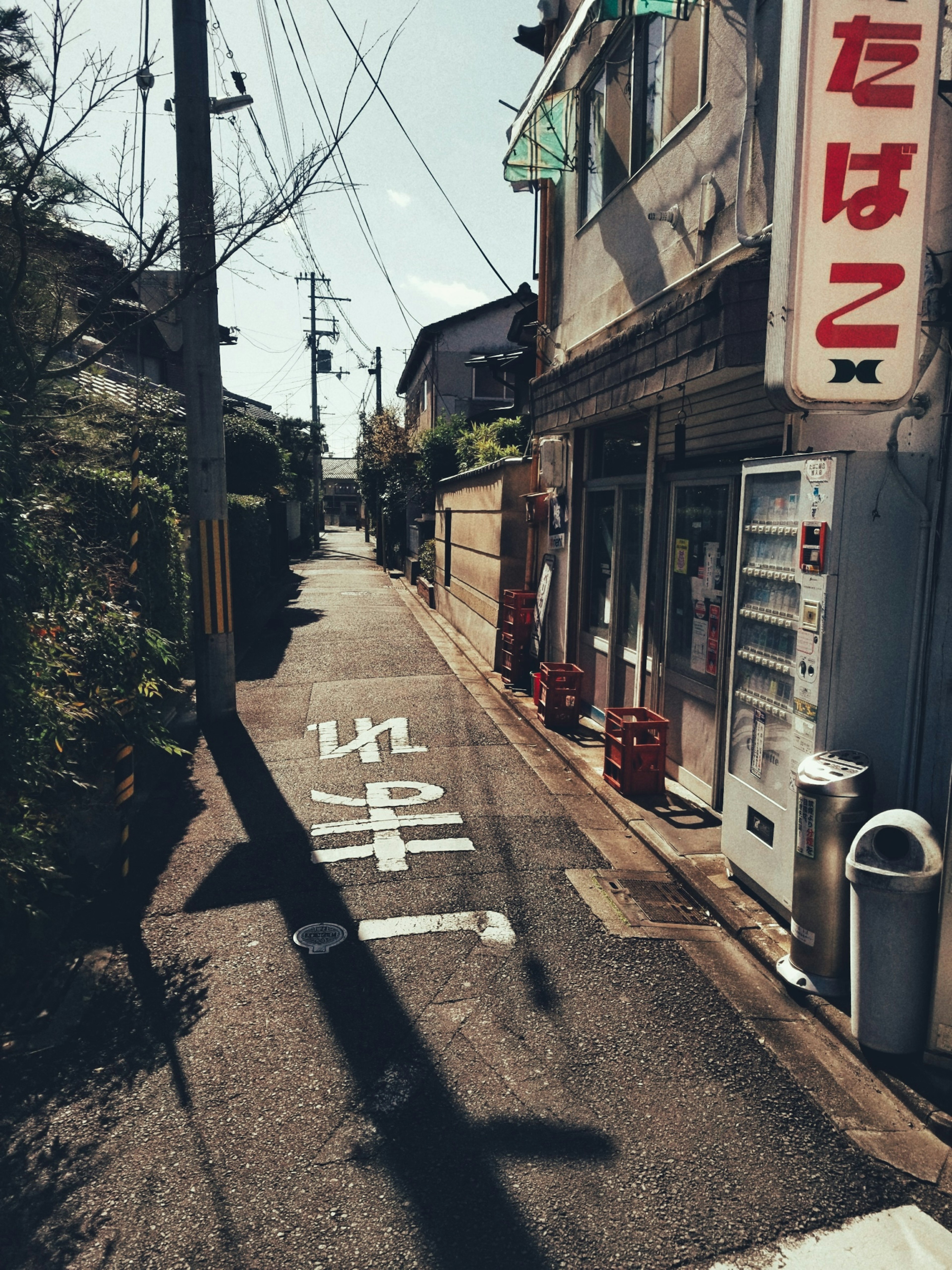 静かな裏通りにある小さな商店と自動販売機の風景