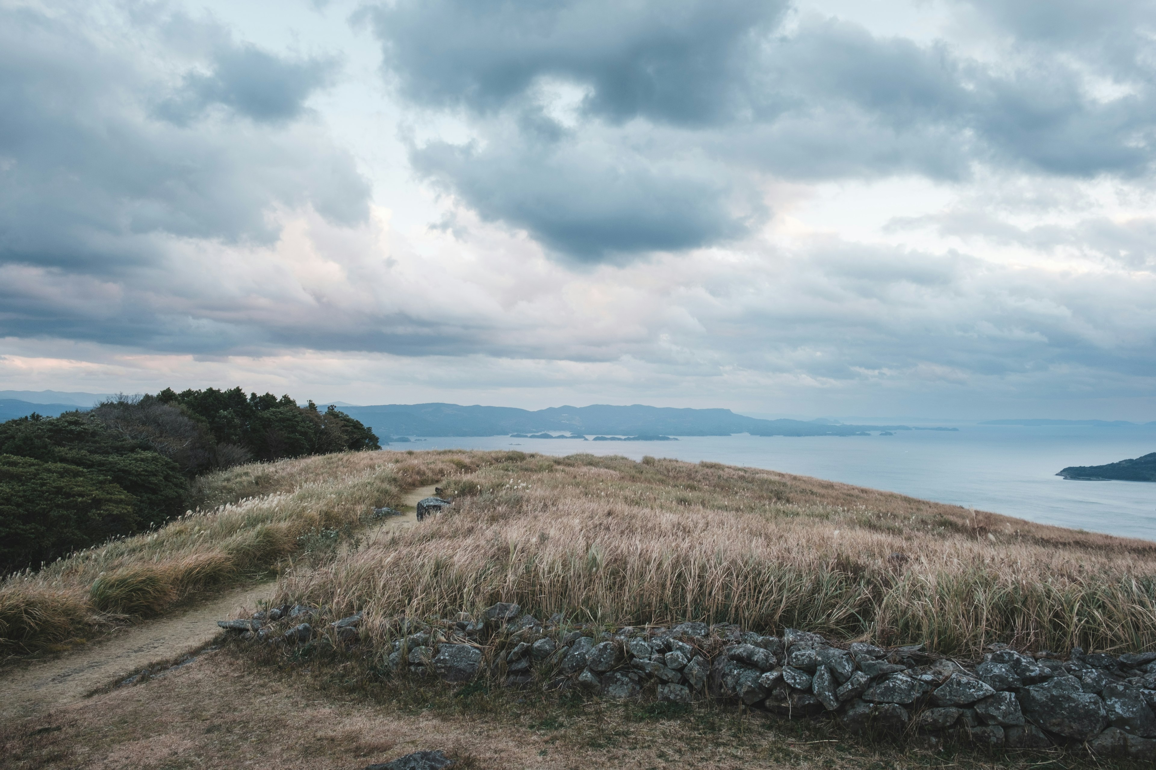 Vista panoramica da una collina con praterie e oceano