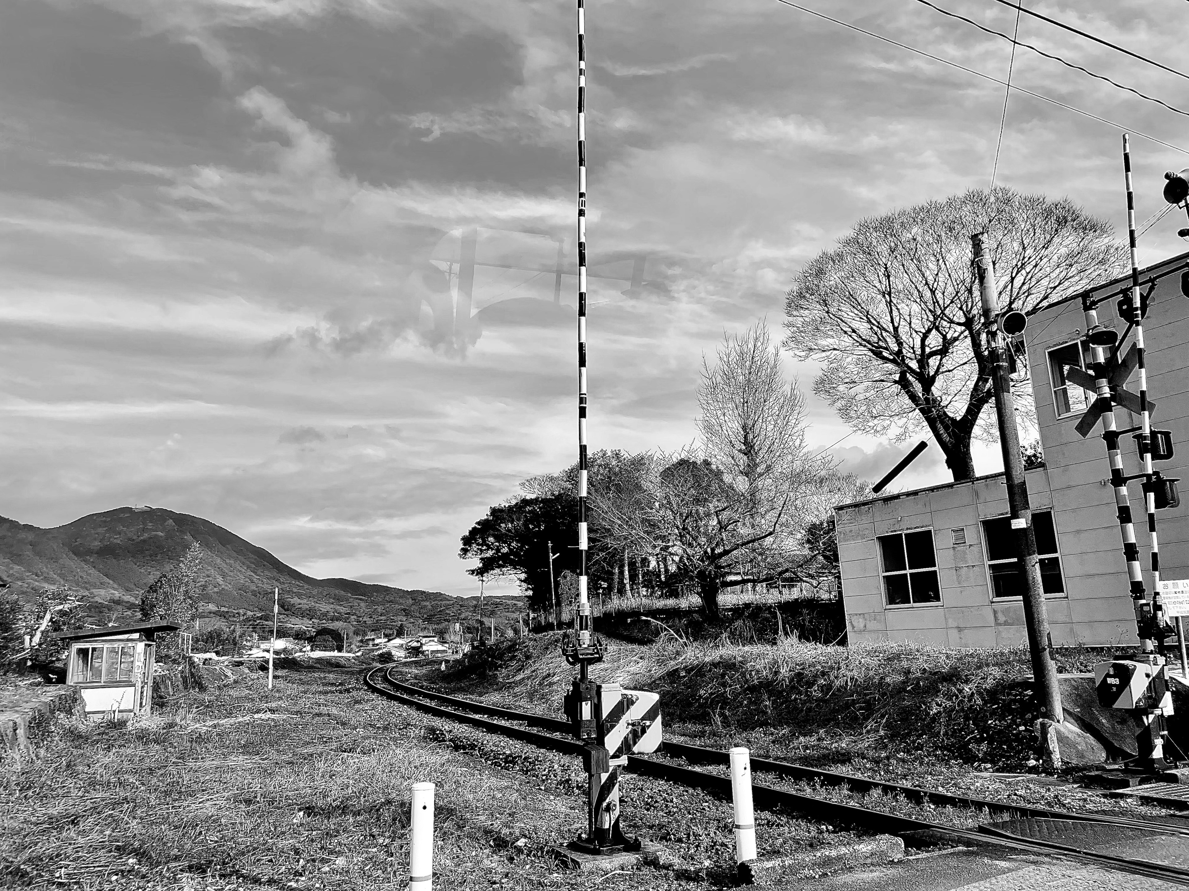 Schwarz-Weiß-Bild einer Bahnübergang mit umliegender Landschaft