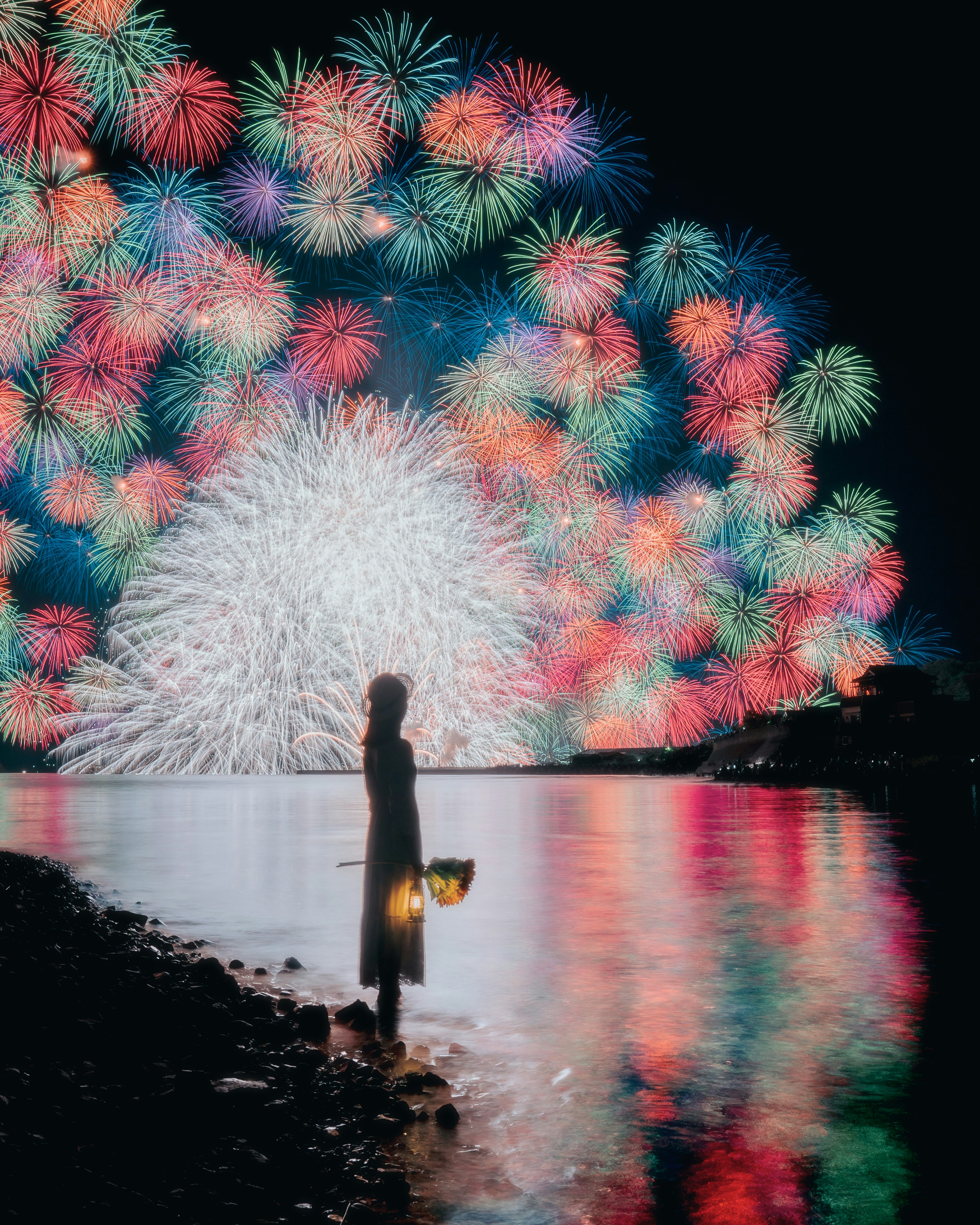 Silhouette d'une femme sur la plage regardant des feux d'artifice colorés