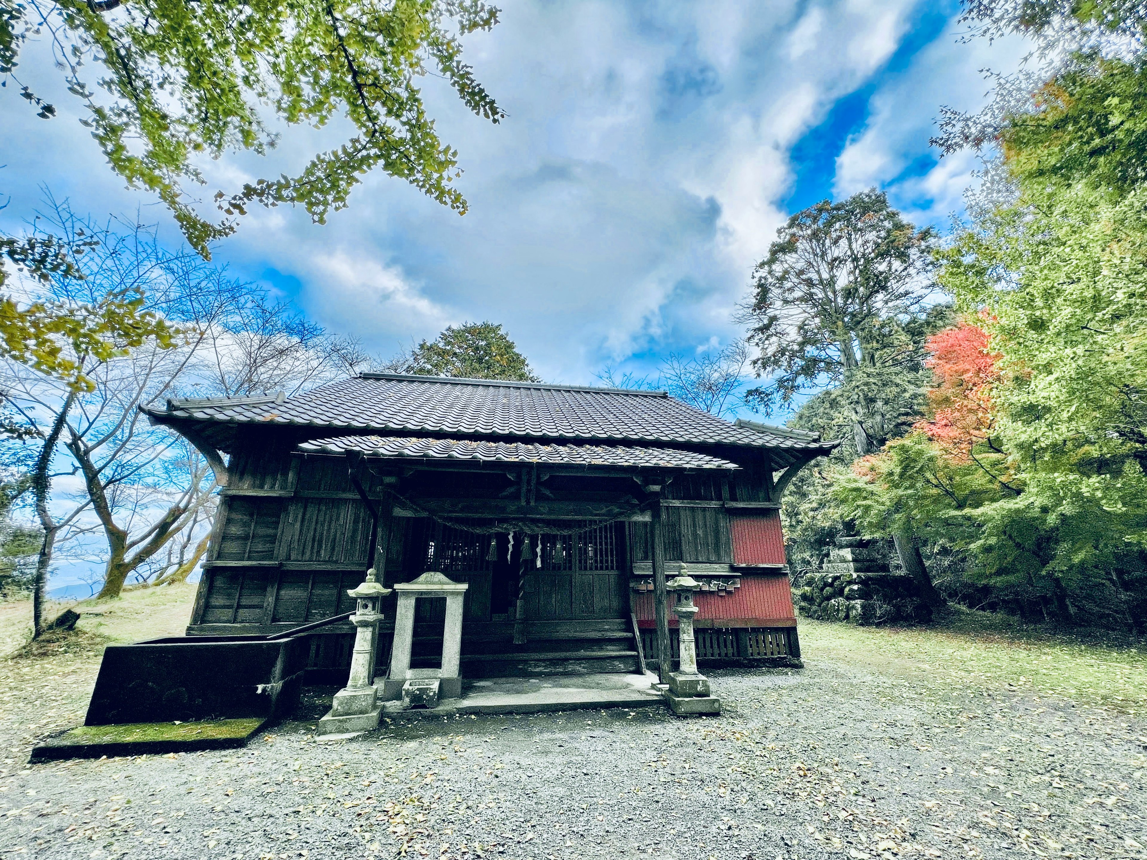 古い神社の建物が自然に囲まれた風景