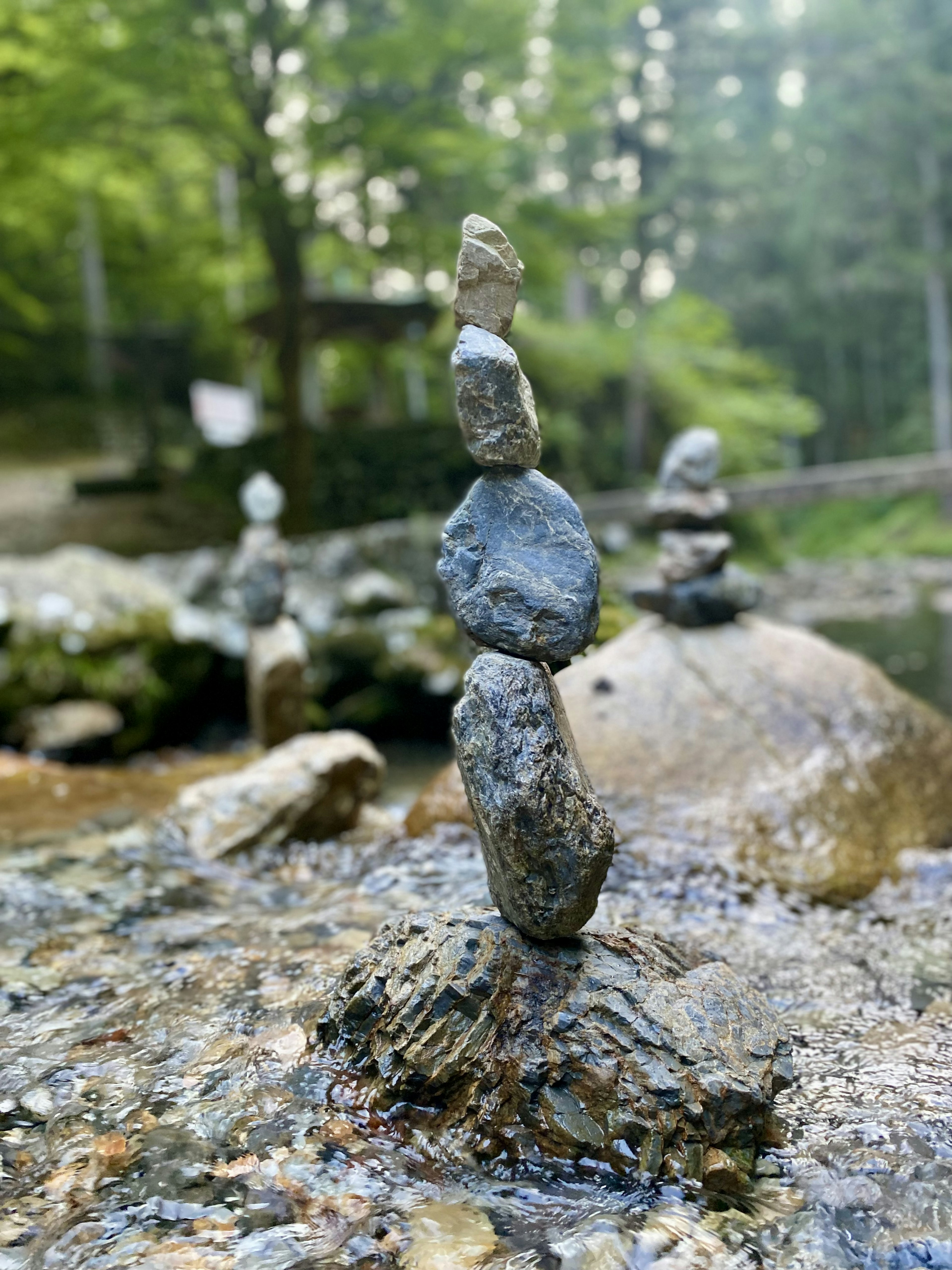 Stacked stones art by the water with a green background