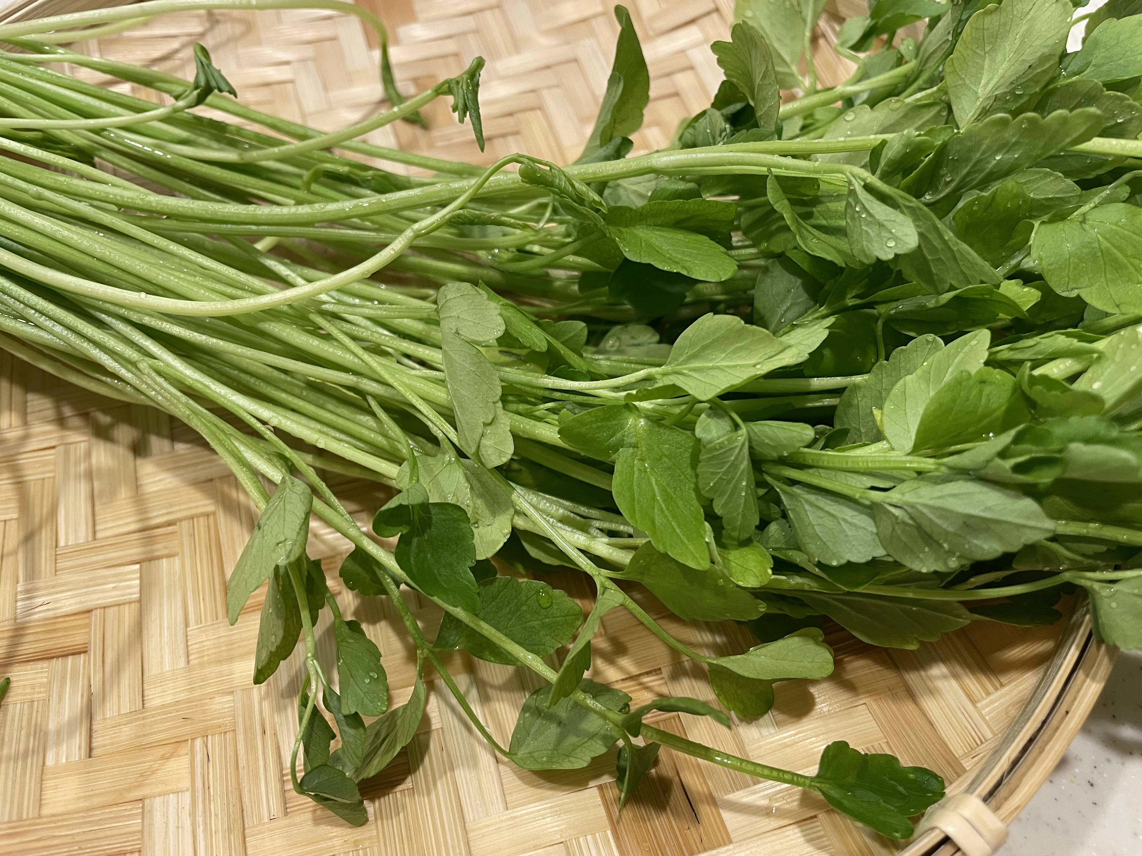 Fresh herbs placed on a bamboo basket