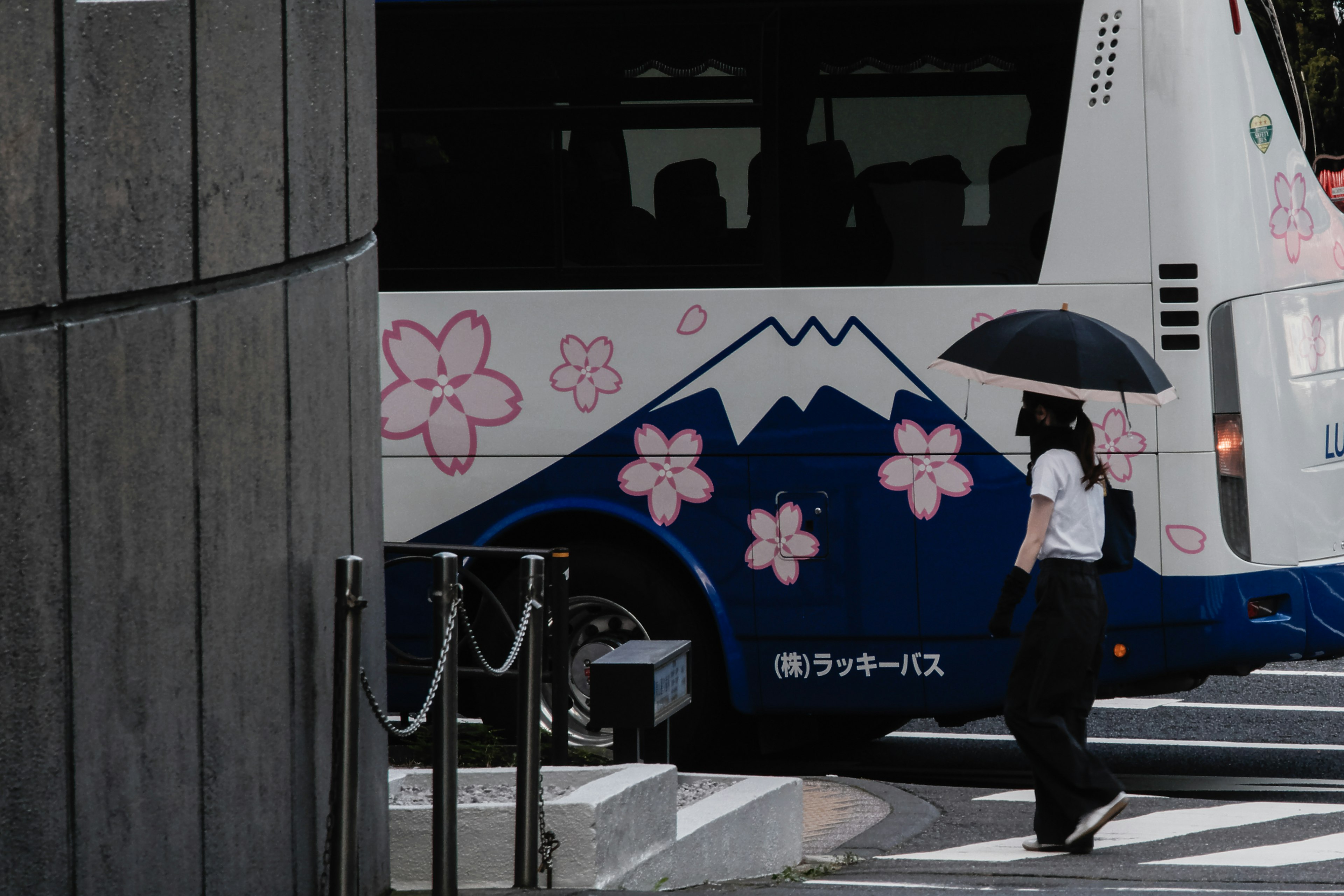 Une femme marchant avec un parapluie à côté d'un bus avec des motifs de cerisiers et du Mont Fuji